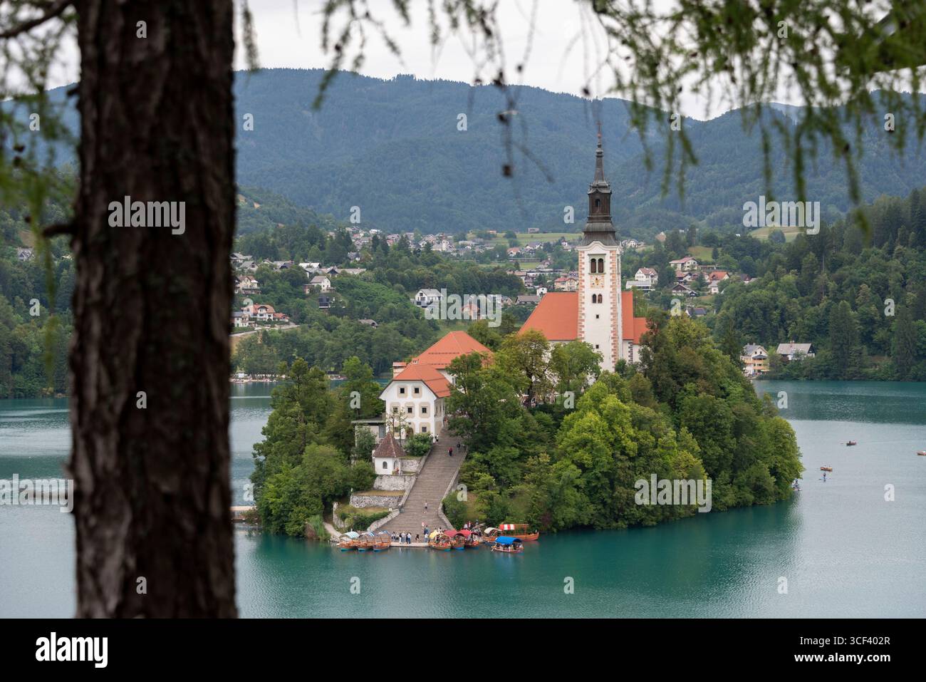Lago di Bled nel nord-ovest della Slovenia con la famosa chiesa dell'assunzione della Vergine Maria, Bled, regione dell'alta Carniola (Gorenjska), Slovenia Foto Stock