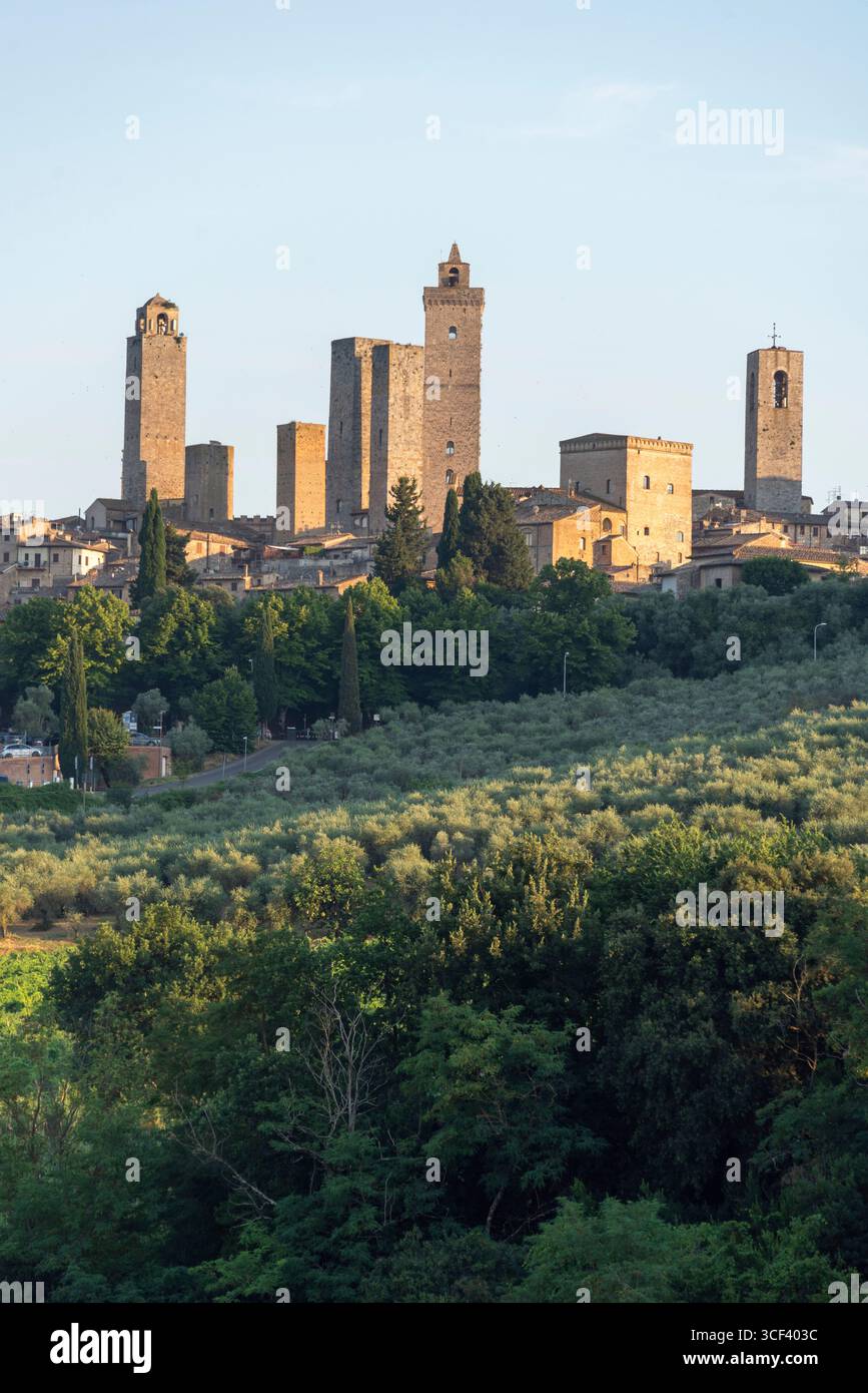 San Gimignano, una delle città più suggestive della Toscana in Italia, sorge sopra le colline circostanti e gli oliveti con le sue famose torri medievali, San Gimignano, Toscana, Italia Foto Stock