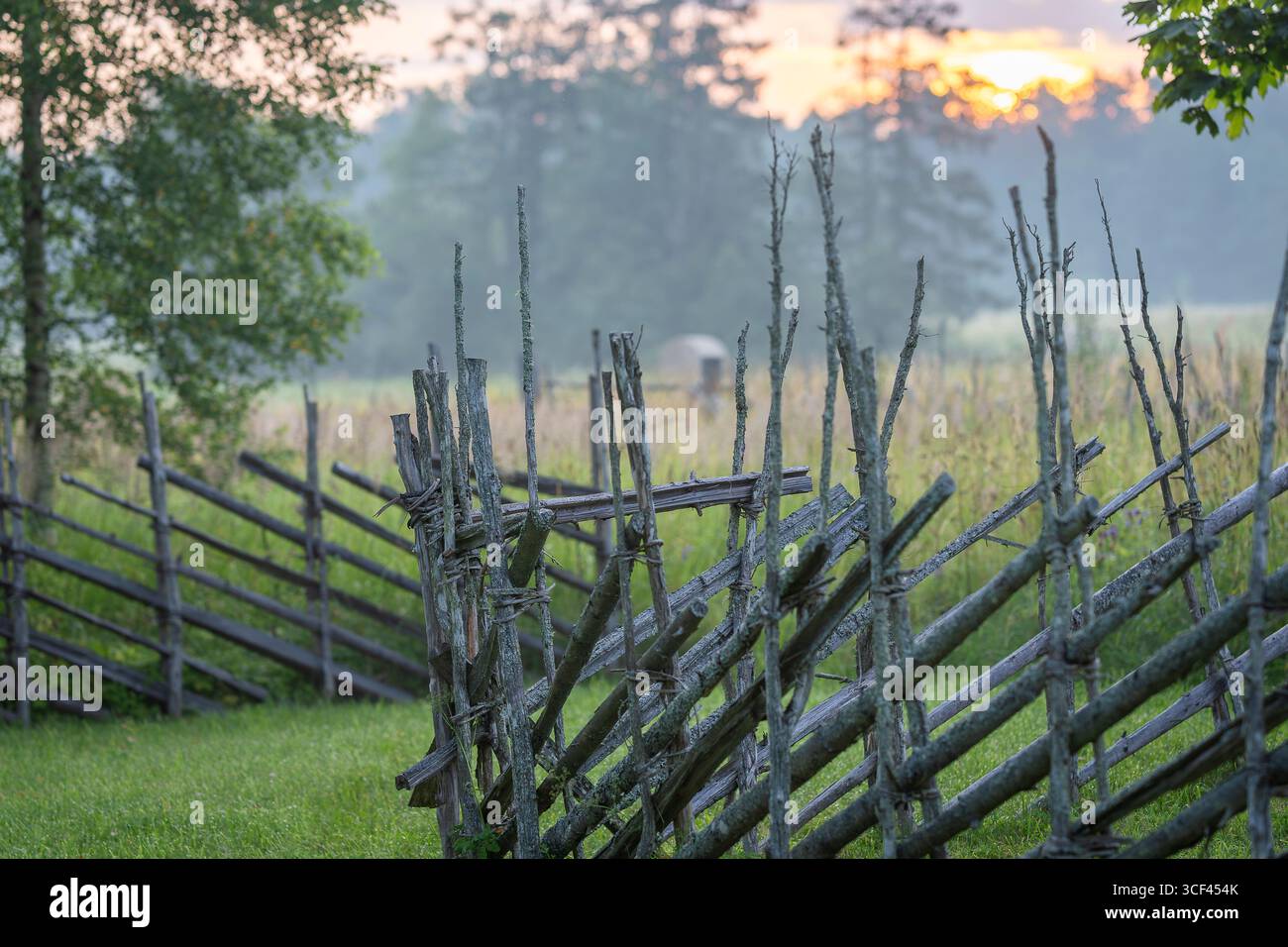Recinzione tradizionale in legno di abete rosso e ginepro all'alba. Questi tipi di recinzioni erano il modo normale di recinzione in Scandinavia ai vecchi tempi. Foto Stock