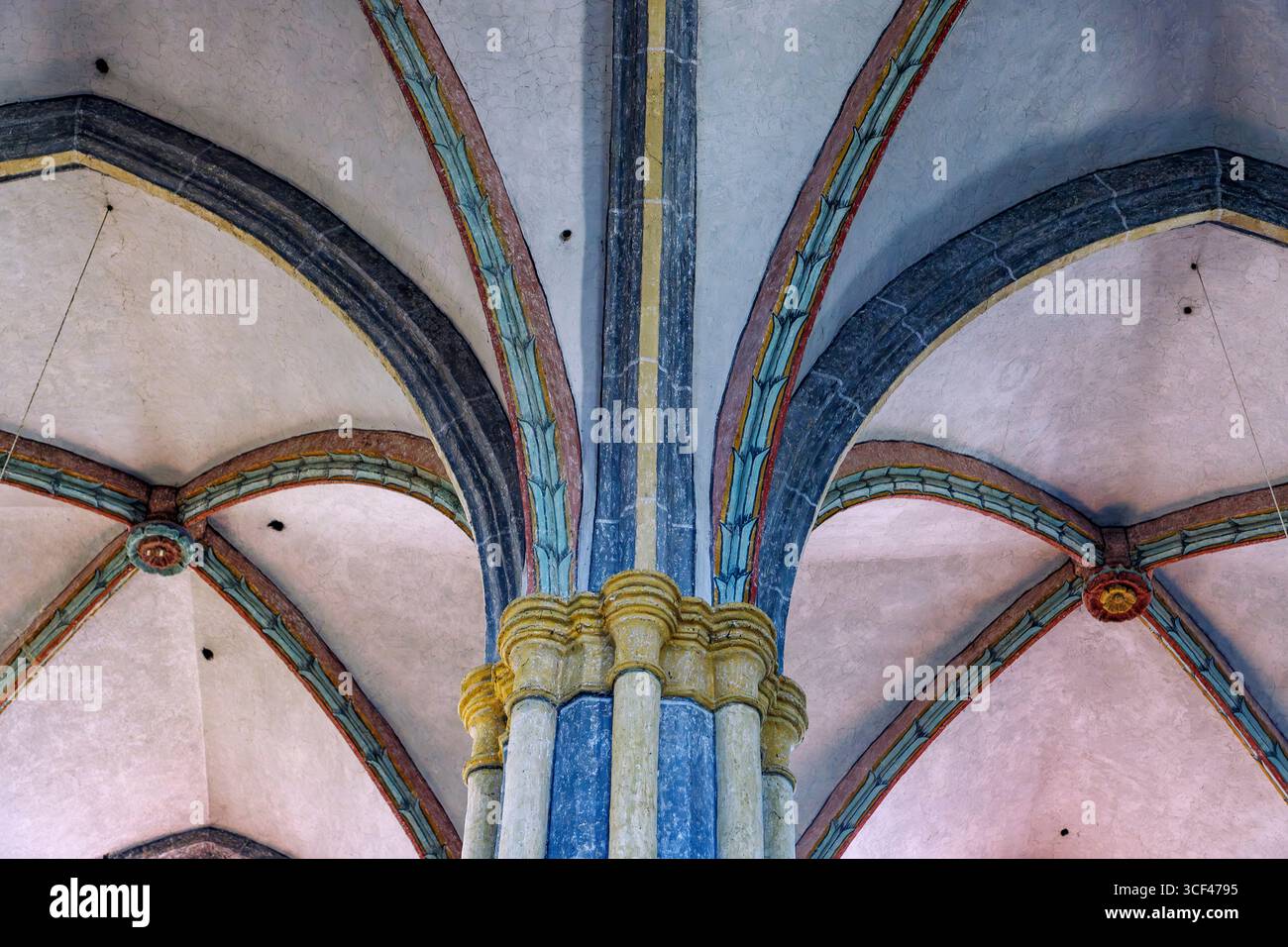 Colonne colorate, servizi tondi, archi a cintura, costole a volta e chiavi di volta della volta a costine all'interno della chiesa collegiata gotica dell'assunzione della Vergine Maria a Laufen an der Salzach, alta Baviera, Baviera, Germania Foto Stock