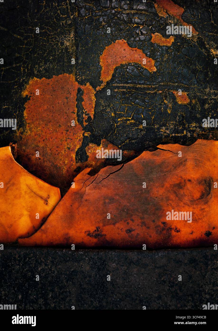 I pezzi tagliati e scheggiati si incontrano, arancione e nero, crepe e frammenti, metallo, plastica e catrame Foto Stock