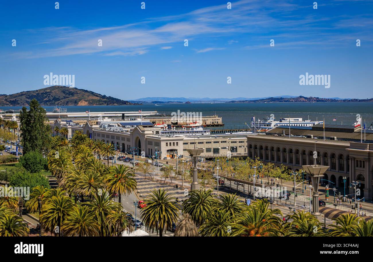 Vista aerea del lungomare di San Francisco con palme ed edifici storici in una giornata di sole, con il Bay Bridge in lontananza a San Francisco Foto Stock