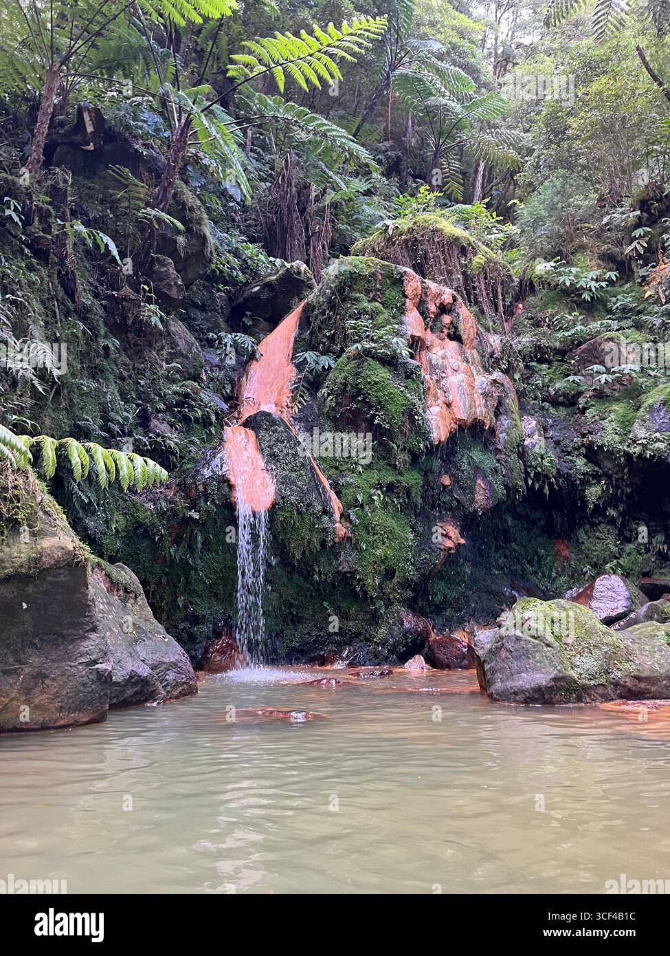 Piccola cascata geotermica presso il Centro di interpretazione ambientale Caldeira Velha, isola São Miguel, Azzorre, Portogallo. - Immagine stock catturata con smartphone