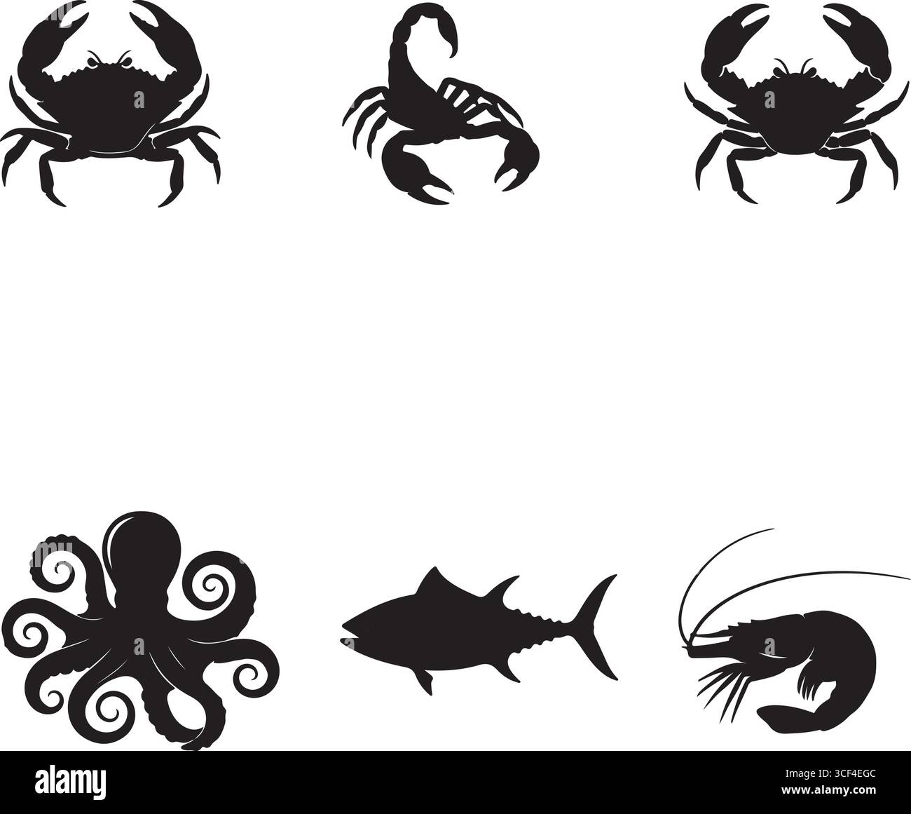 La collezione Sea Creatures presenta sagome con scorpioni di granchio polpo tonno e gamberi Illustrazione Vettoriale La collezione Sea Creatures presenta sagome con scorpioni di granchio polpo tonno e gamberi Illustrazione Vettoriale