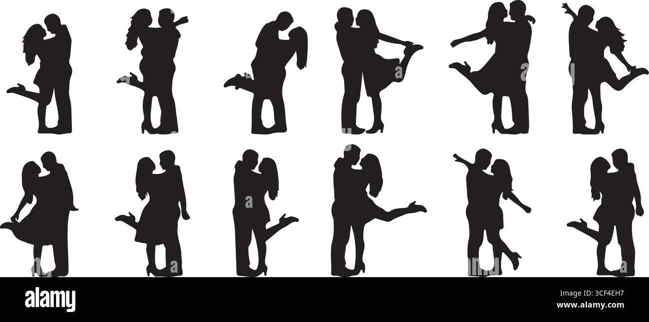 Silhouette romantiche di coppie che abbracciano e ballano in varie pose catturando l'amore e la connessione Illustrazione Vettoriale