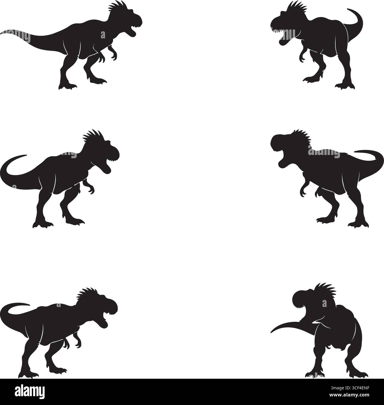 Set di illustrazioni vettoriali con silhouette di dinosauro nero Tyrannosaurus rex Illustrazione Vettoriale