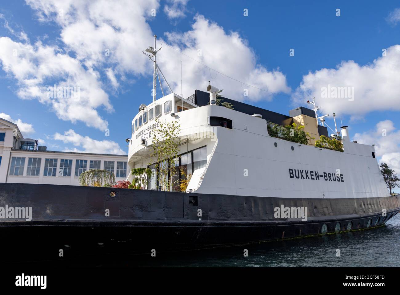Bukken Bruse, ex traghetto danese per auto, è stata trasformata in una casa galleggiante di lusso di famiglia dagli architetti BIG, ormeggiata a Copenaghen, Danimarca Foto Stock