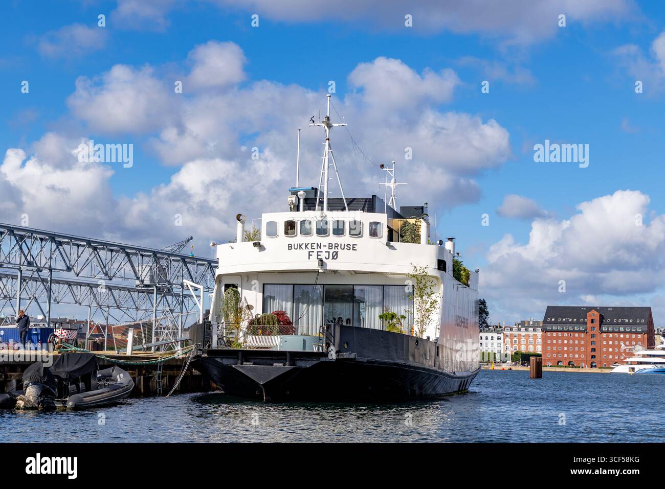 Bukken Bruse, ex traghetto danese per auto, è stata trasformata in una casa galleggiante di lusso di famiglia dagli architetti BIG, ormeggiata a Copenaghen, Danimarca Foto Stock