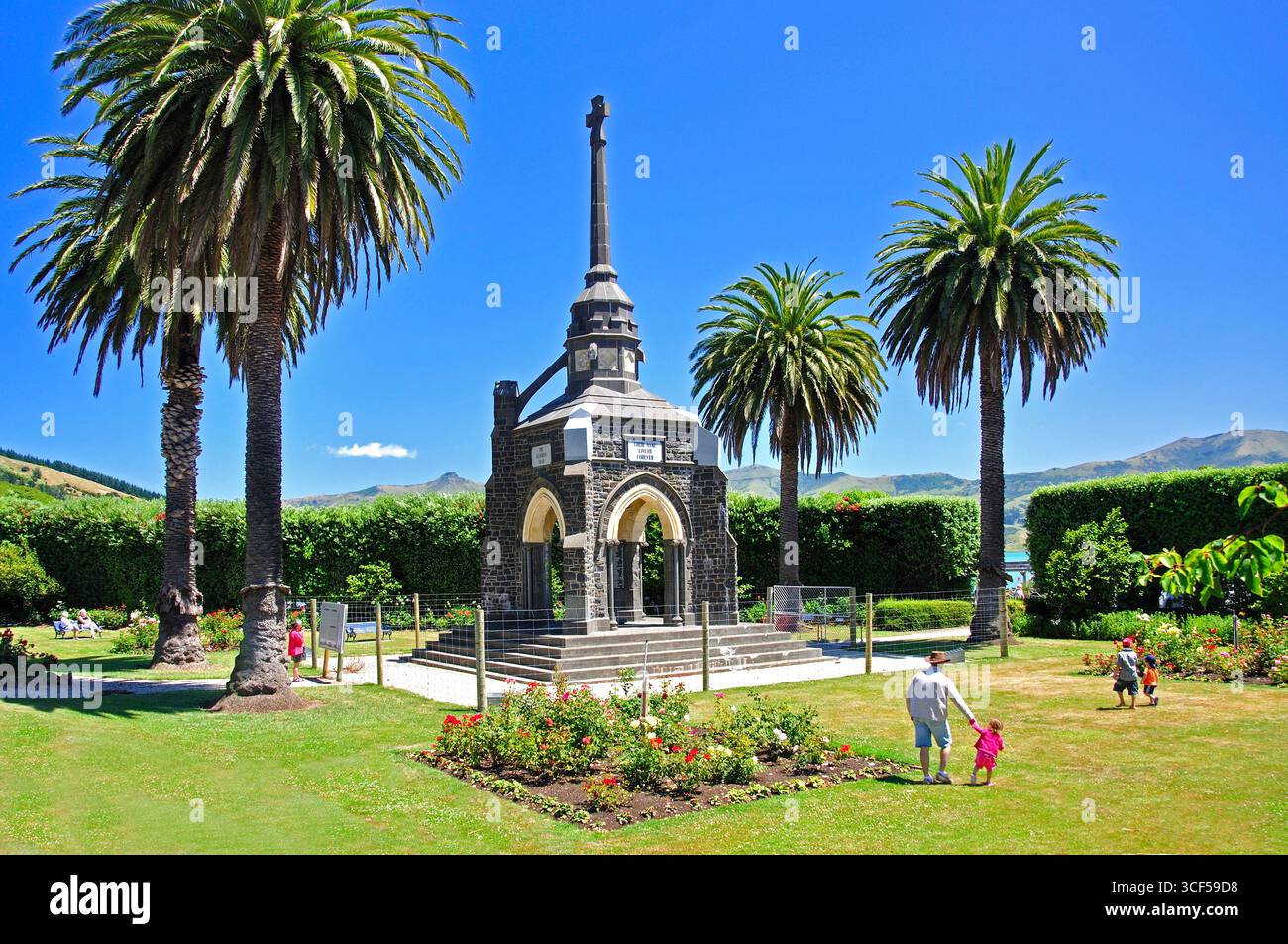 War Memorial Park, Rue Lavaud, Akaroa, Penisola di Banks, regione di Canterbury, Nuova Zelanda Foto Stock