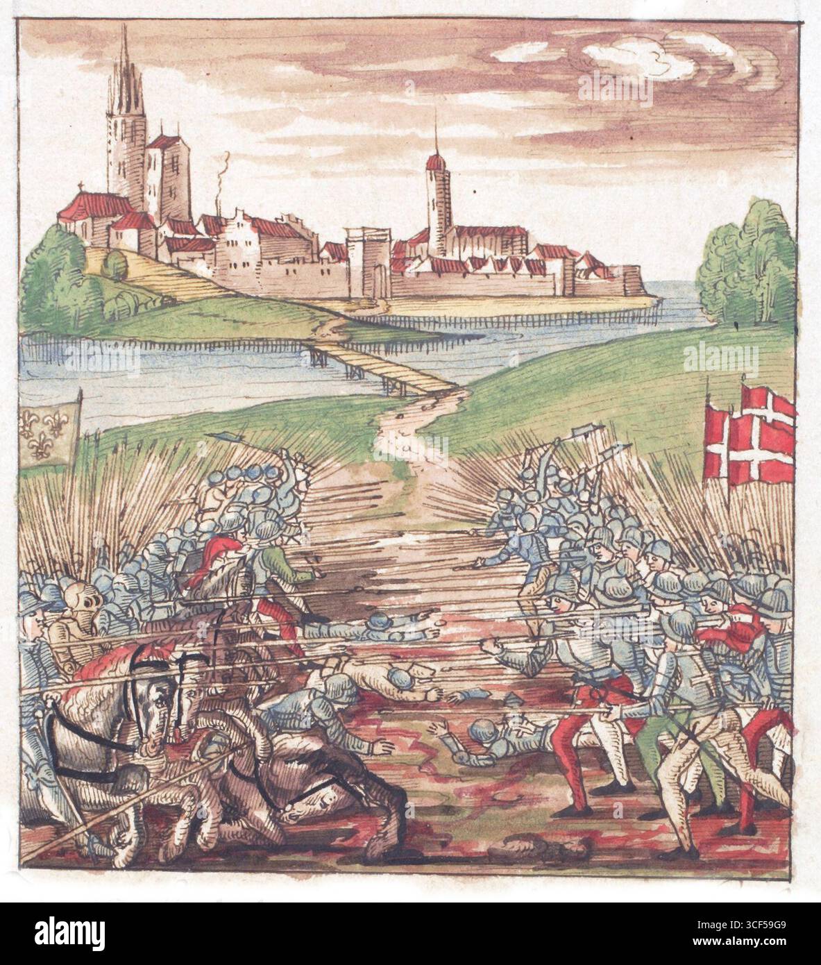 Una battaglia tra cavalleria e fanteria nei pressi di un castello, da un codice sull'origine e la storia della Confederazione svizzera fino al XIV secolo, Foto Stock