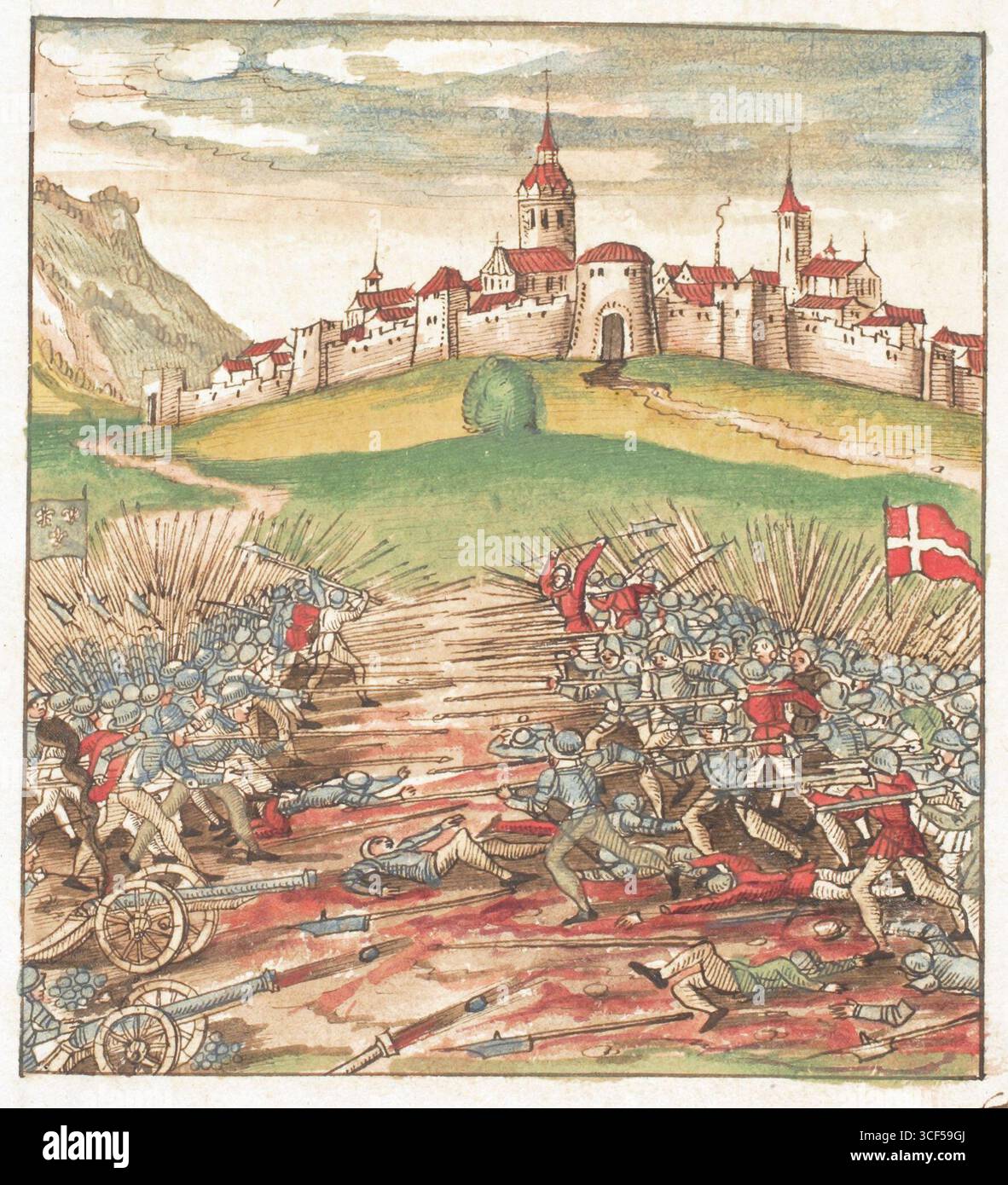 Una battaglia tra forze di fanteria nei pressi di un castello, da un codice sull'origine e la storia della Confederazione svizzera fino al XIV secolo, Foto Stock