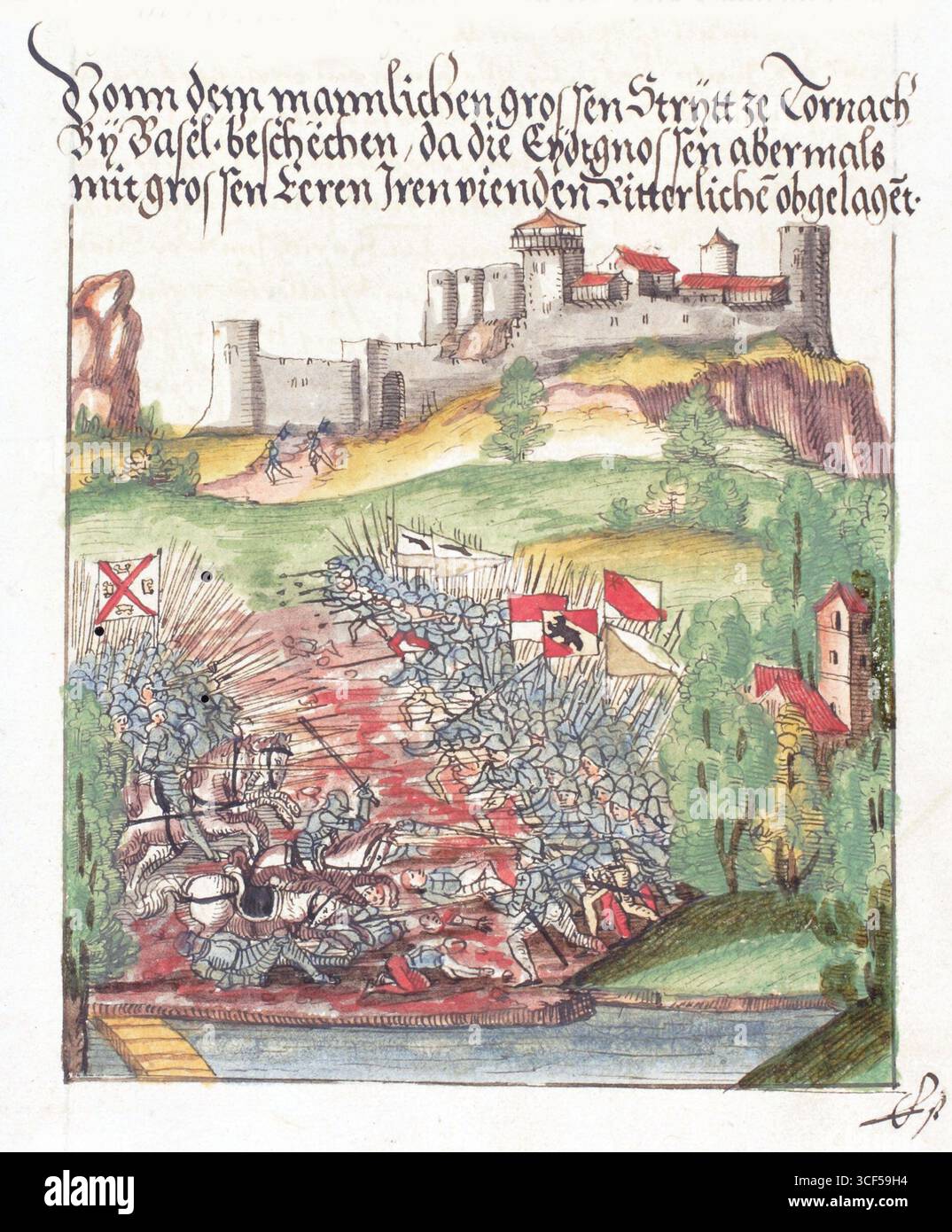 Una battaglia tra cavalleria e fanteria nei pressi di un castello, da un codice sull'origine e la storia della Confederazione svizzera fino al XIV secolo, Foto Stock