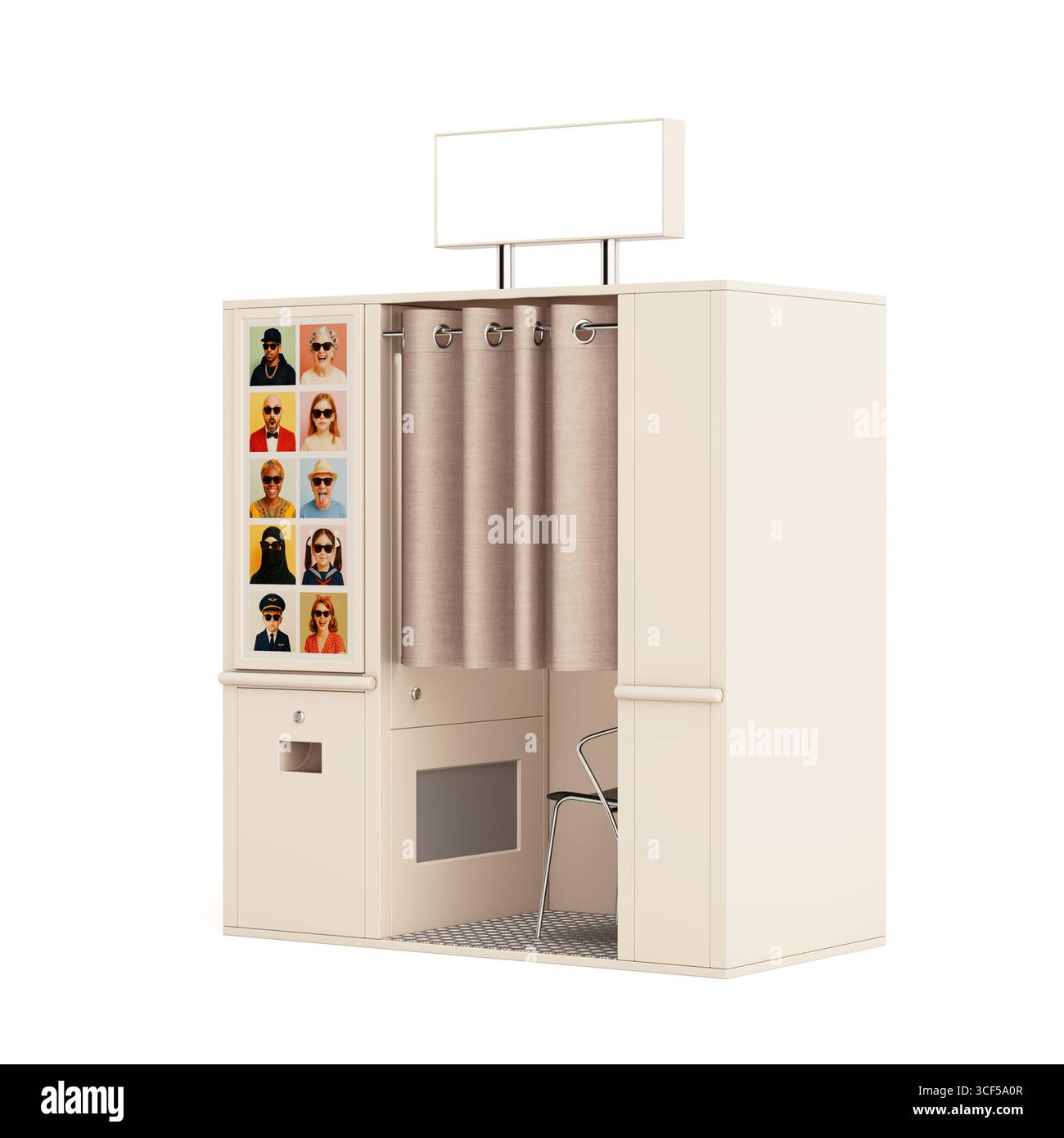 Concetto di autoritratto. Cabina fotografica in stile retrò con tenda, sedia e foto astratte di esempio visualizzate su sfondo bianco. Rendering 3D. Foto Stock