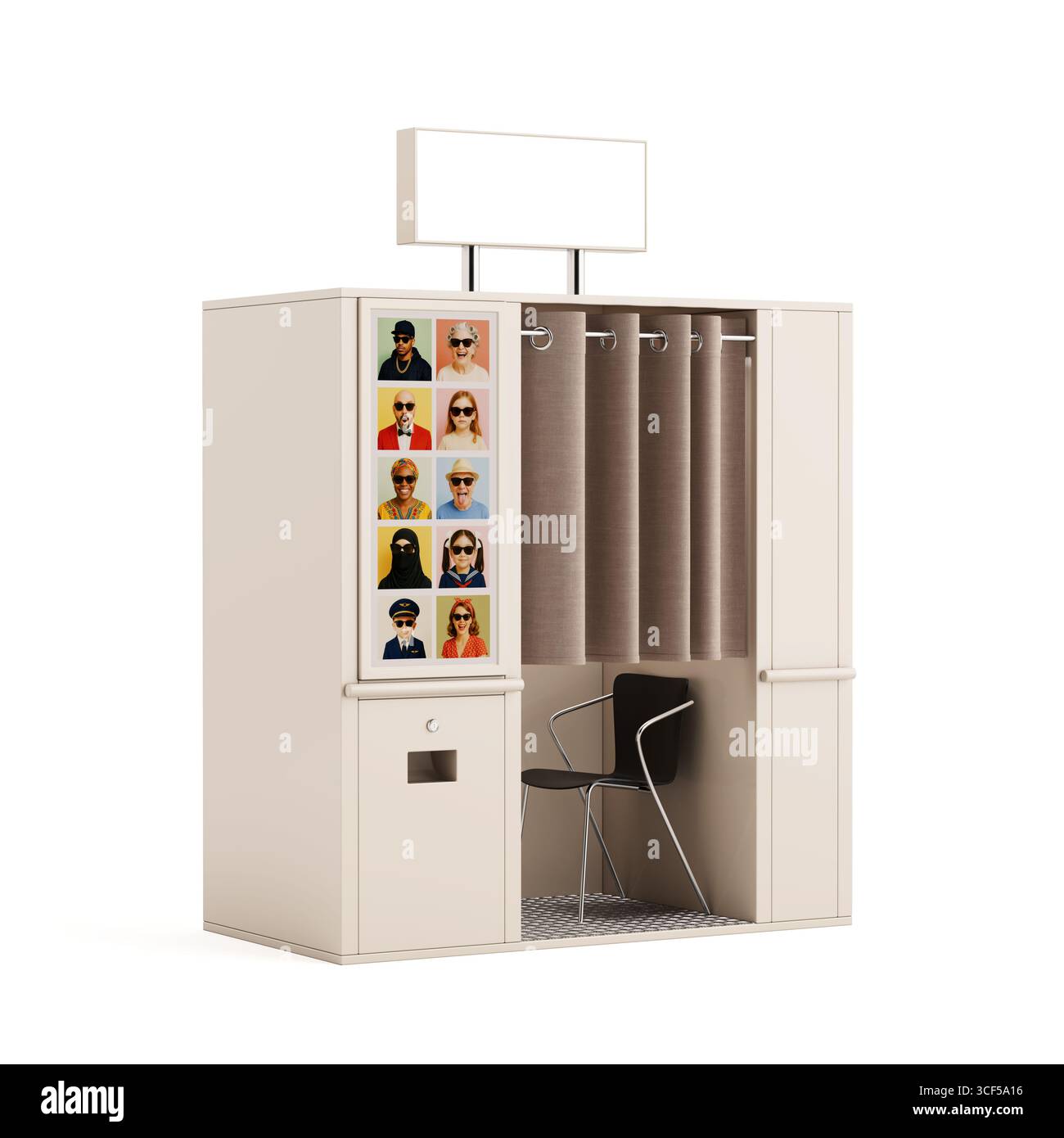 Concetto di autoritratto. Cabina fotografica in stile retrò con tenda, sedia e foto astratte di esempio visualizzate su sfondo bianco. Rendering 3D. Foto Stock