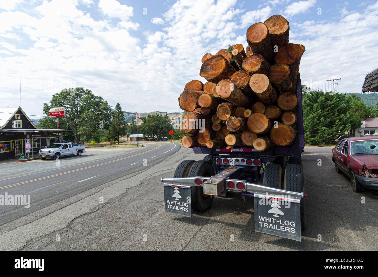 Registrazione di un camion pieno di piccoli logs parcheggiata sul lato della strada, Douglas County, Oregon, Stati Uniti d'America Foto Stock
