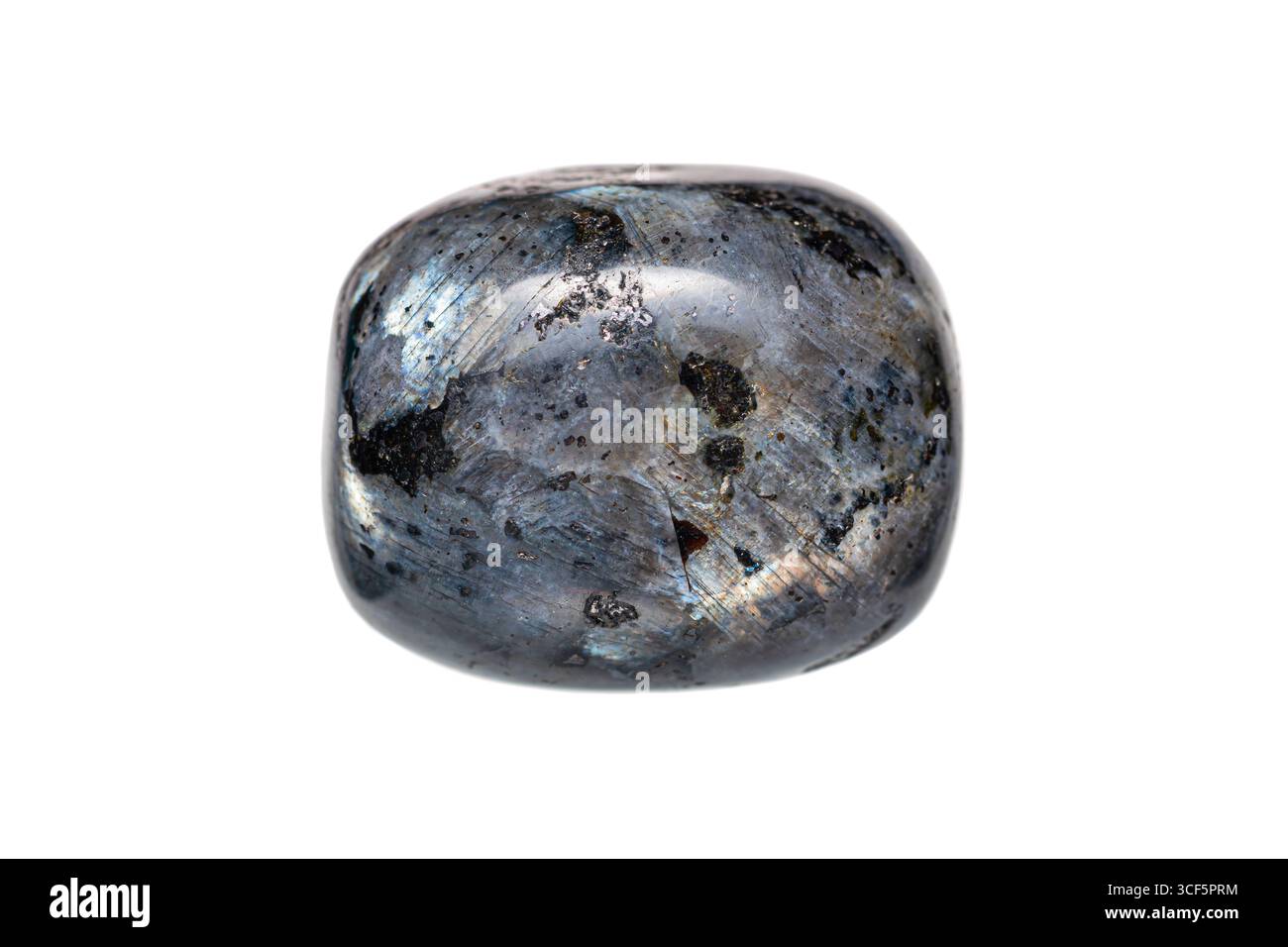 Pietra larvikite lucidata (granito perla blu, labradorite nera) una varietà di roccia ignea (monzonite) Foto Stock
