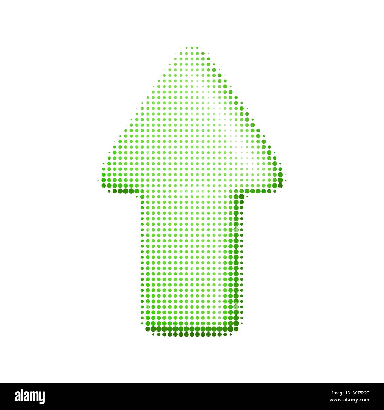 Immagine vettoriale di una freccia verde diagonale rivolta verso l'alto con trama di mezzitoni. Elemento di design tratteggiato astratto per la navigazione, la crescita o la decorazione Illustrazione Vettoriale