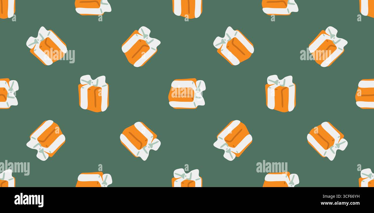 Confezione regalo arancione senza cuciture. Scatole regalo arancioni con fiocchi bianchi in stile cartoni animati piatto. Motivo festivo senza cuciture su sfondo verde. Illustrazione Vettoriale