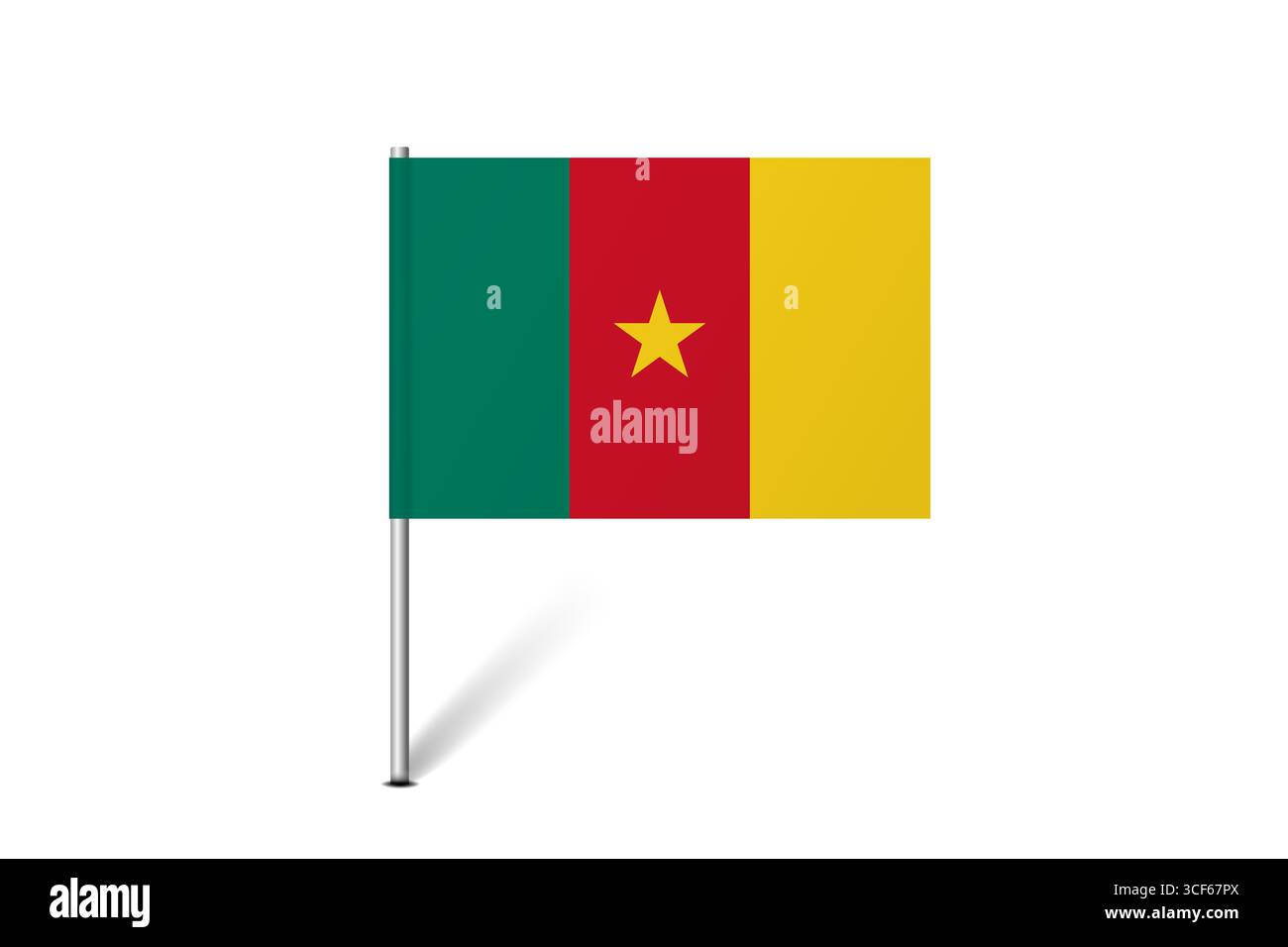 Bandiera del Camerun - bandiera della mappa che rappresenta un'identità e un patrimonio culturale del paese. L'essenza dell'orgoglio nazionale e dell'unità. Indicatore pin mappa bloccato su uno sfondo bianco Illustrazione Vettoriale