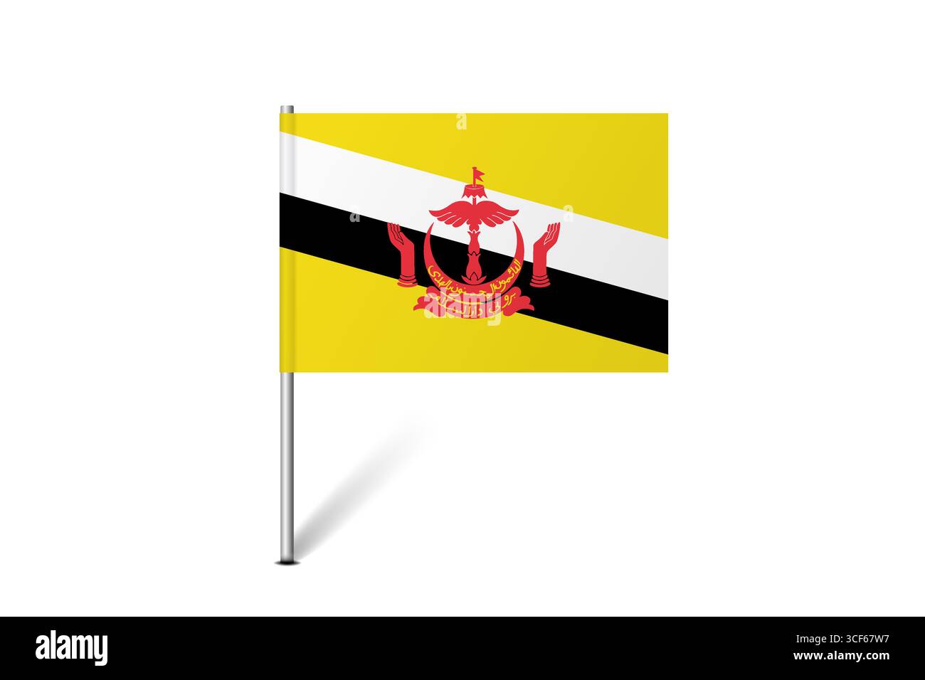 Bandiera del Brunei - bandiera a spillo che rappresenta l'identità e il patrimonio culturale del paese. L'essenza dell'orgoglio nazionale e dell'unità. Indicatore pin mappa bloccato su uno sfondo bianco Illustrazione Vettoriale