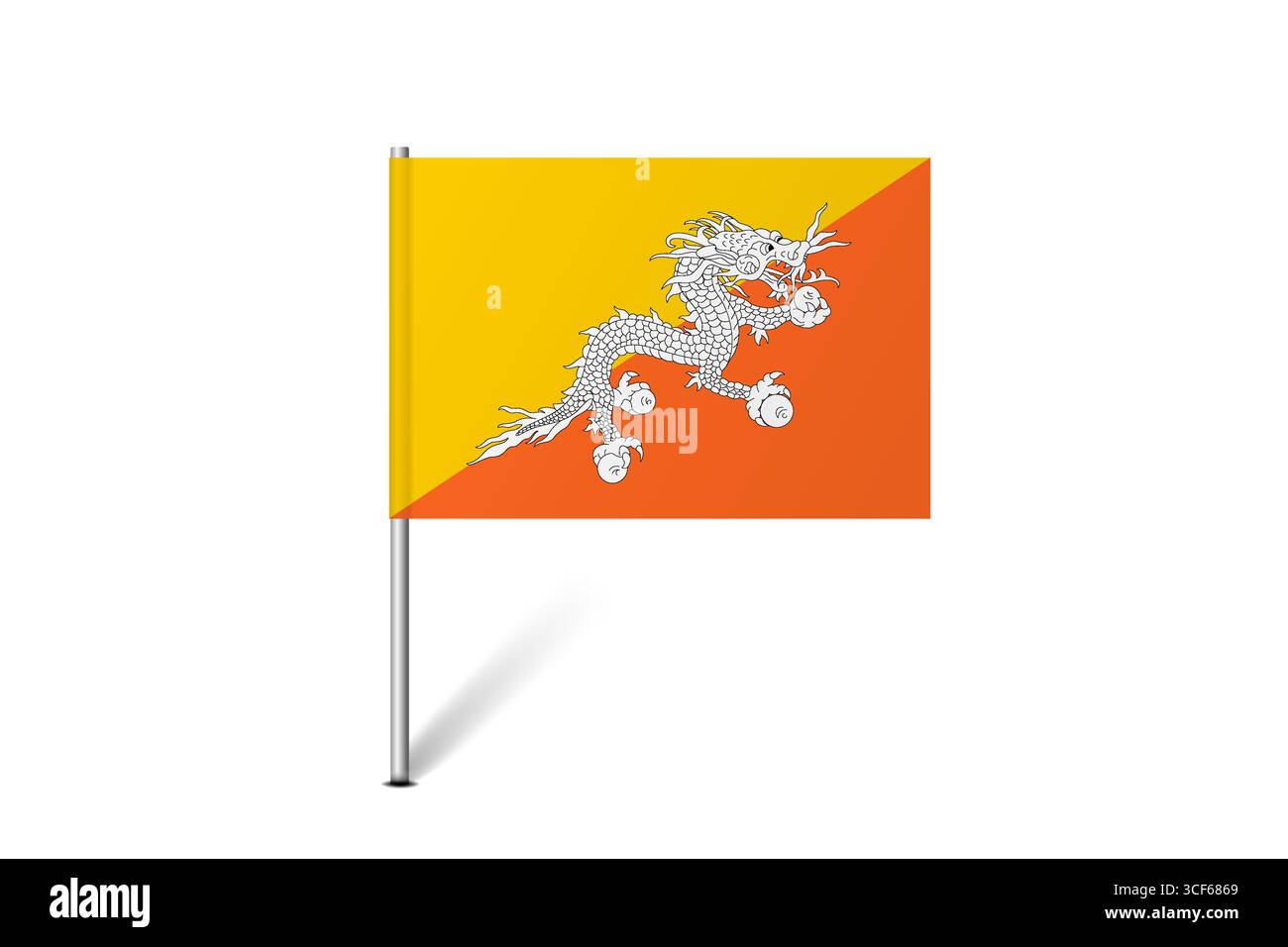 Bandiera del Bhutan - bandiera della mappa che rappresenta l'identità e il patrimonio culturale di un paese. L'essenza dell'orgoglio nazionale e dell'unità. Indicatore pin mappa bloccato su uno sfondo bianco Illustrazione Vettoriale