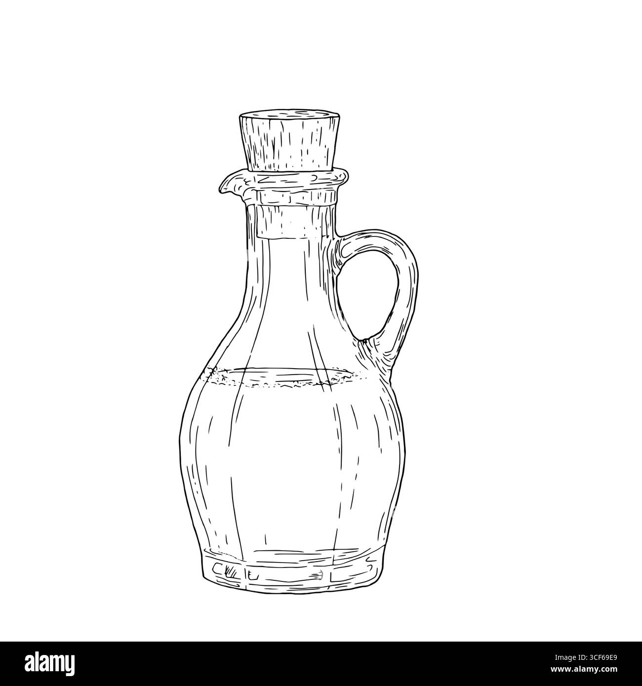 Decanter in vetro con sughero e manico, schizzo in inchiostro bianco e nero. Illustrazione vettoriale. Contenitore per succo, limonata o vino fatto in casa, isolato su Illustrazione Vettoriale