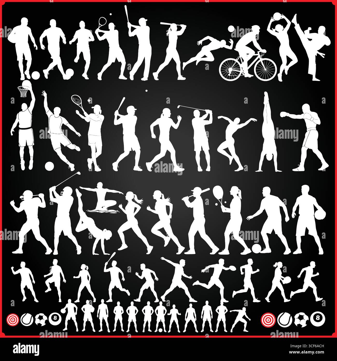 Una collezione di silhouette bianche raffiguranti varie attività sportive su un layout di sfondo nero Illustrazione Vettoriale