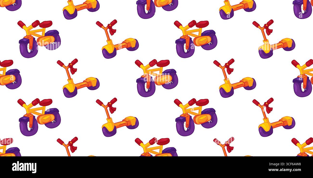 Motivo senza cuciture con biciclette e scooter colorati in stile cartoni animati. Illustrazione luminosa per il trasporto di bambini su sfondo bianco. Illustrazione Vettoriale
