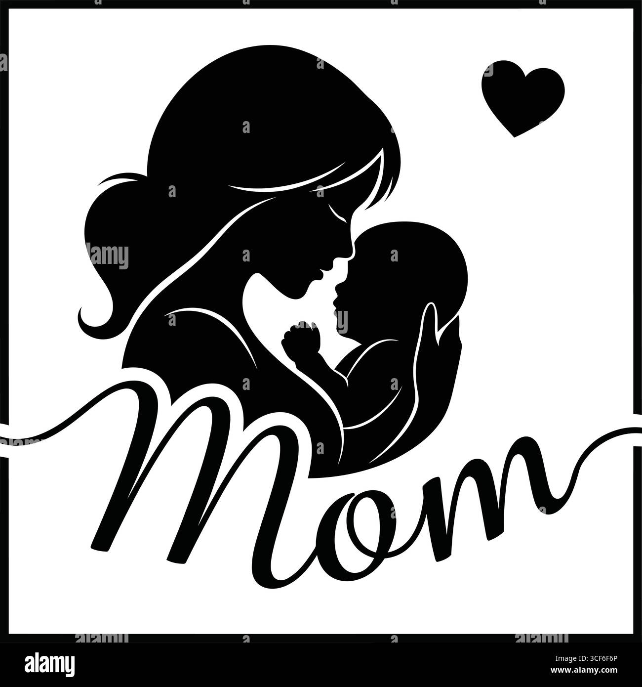 Un'illustrazione minimalista in bianco e nero che raffigura un momento tenero tra una madre e il suo bambino. La madre culla dolcemente il bambino tra le braccia, b Illustrazione Vettoriale