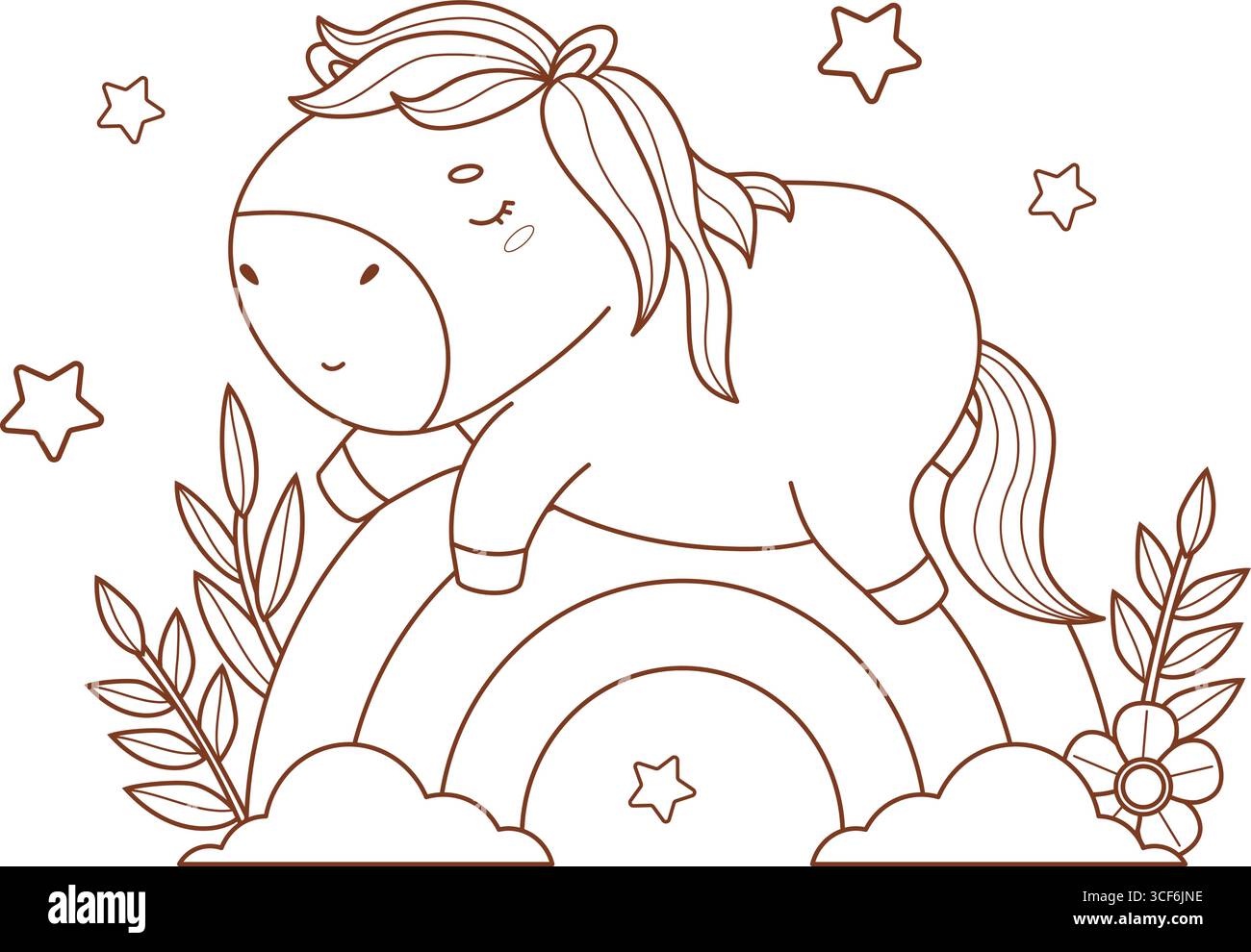 Delinea il carino Sleepy Cartoon Little Horse su Rainbow. Adorabile Pony Kawaii Animal. Dolce sogno. Disegno al tratto, libro da colorare. Illustrazione vettoriale. Bambini Illustrazione Vettoriale