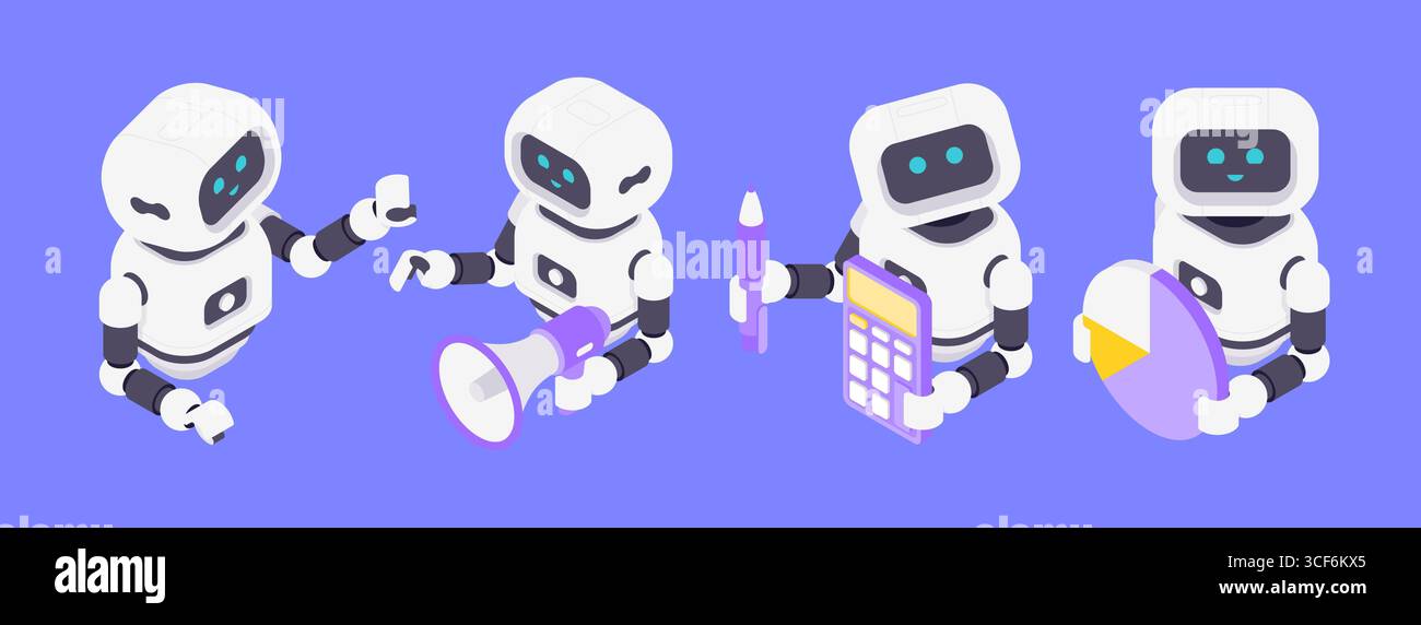 Illustrazione vettoriale isometrica che raffigura quattro robot IA che gestiscono la comunicazione, l'elaborazione vocale, l'analisi dei dati e la visualizzazione delle informazioni artifici Illustrazione Vettoriale