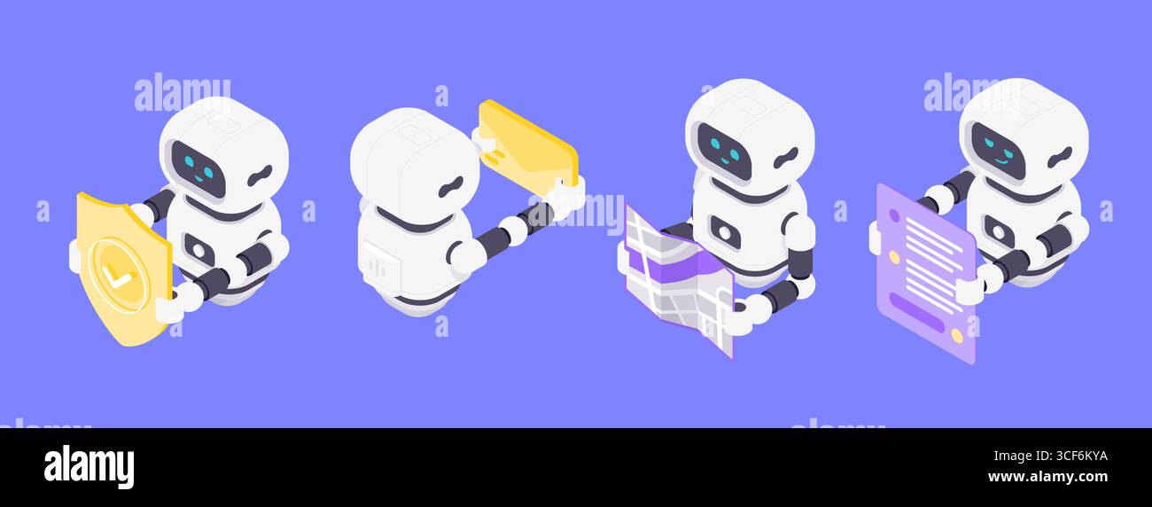 Moderna illustrazione isometrica vettoriale che raffigura quattro robot ai dotati di scudo di sicurezza, inviluppo di dati, mappa stratificata e interfaccia di chat che rappresentano l'arte Illustrazione Vettoriale