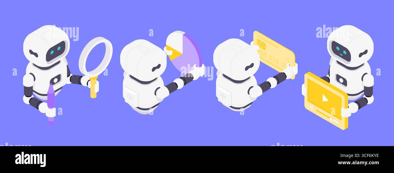 Illustrazione vettoriale isometrica che mostra quattro robot di intelligenza artificiale focalizzati sull'analisi dei dati, la visualizzazione, la gestione finanziaria e i contenuti multimediali che sottolineano un Illustrazione Vettoriale