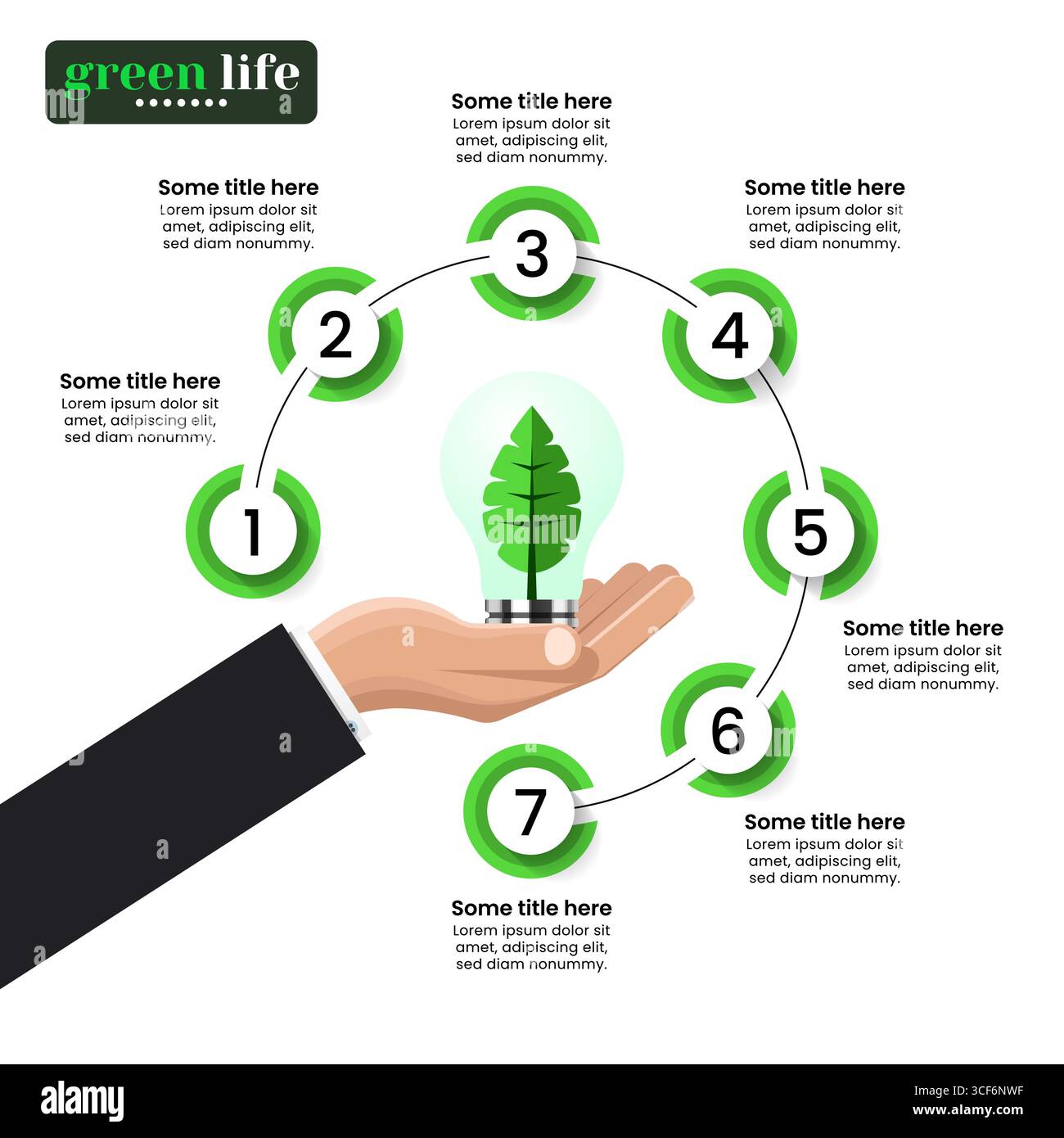 Modello infografico con 7 opzioni o passaggi. Energia verde. Può essere utilizzato per layout del flusso di lavoro, diagrammi, banner, webdesign. Illustrazione vettoriale Illustrazione Vettoriale