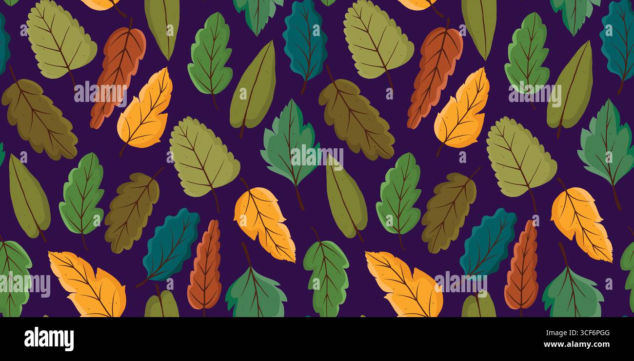 Motivo autunnale senza cuciture con foglie multicolore su sfondo scuro. Doodle disegnato a mano. Sfondo autunnale ripetibile perfetto per la moda Illustrazione Vettoriale