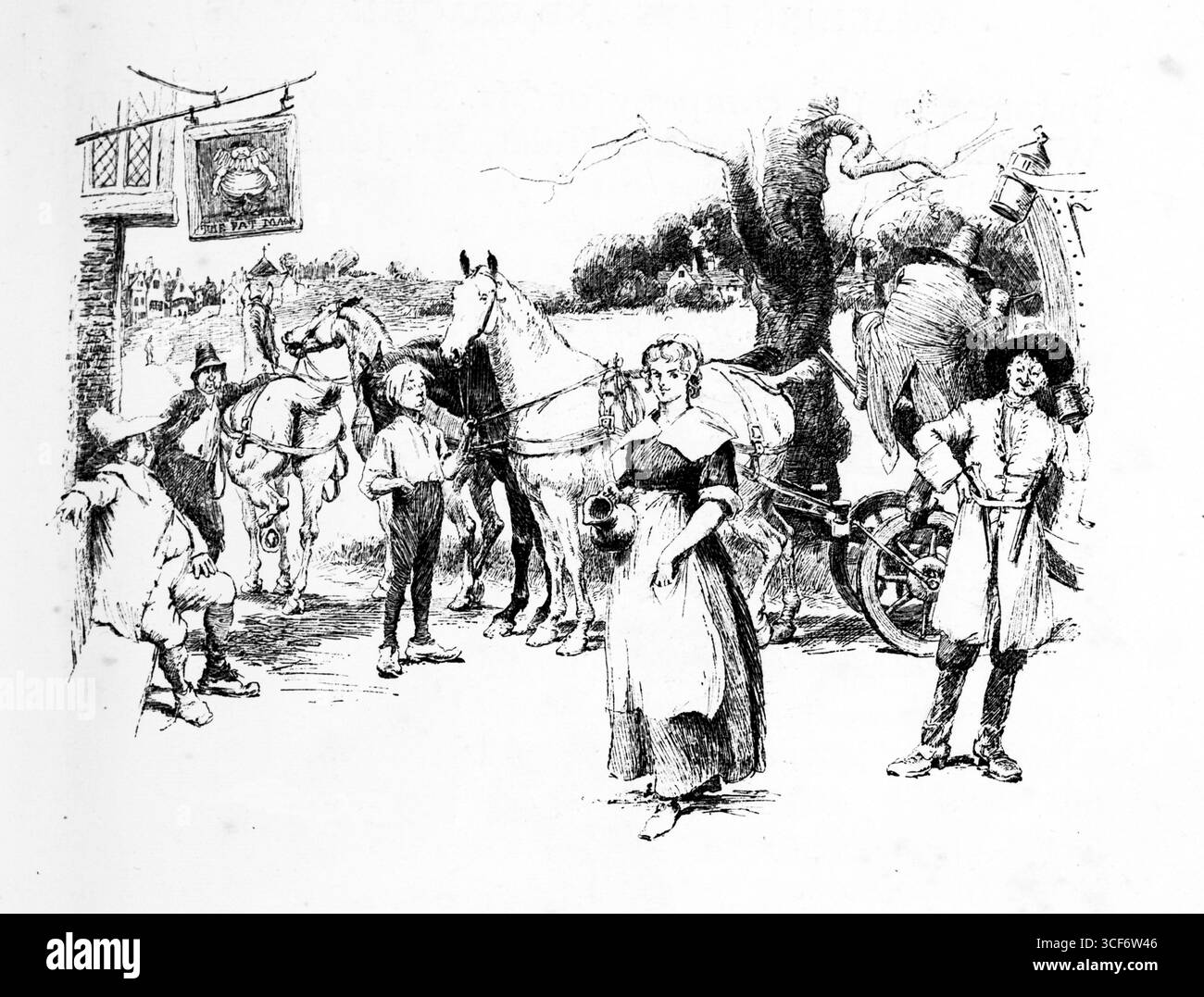 L'ambientazione cattura il trambusto della partenza fuori da una locanda rurale. Quattro cavalli, alcuni imbracati da un pullman, attendono tra figure in abito del XVIII-XIX secolo. Un uomo gesta animatamente; una donna bonneted con un cesto si trova nelle vicinanze. Il cartello sospeso, l'albero e il paesaggio aperto incorniciano la scena con fascino rustico e tensione narrativa, evocando anticipazioni e romanticismo del viaggio. Illustrazioni pubblicate per la prima volta nel 1888 da Richard Clay e Sons nel libro Coaching Days and Coaching Ways di W. Outram Tristram. Gli illustratori erano Herbert Railton e Hugh Thomson. Foto Stock