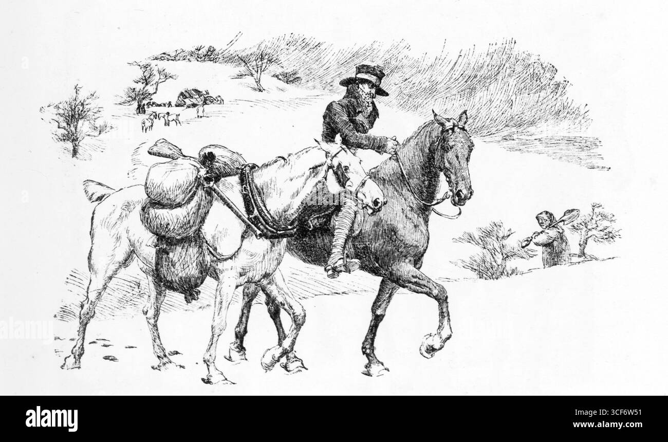 Un guasto: L'accettazione delle e-mail cattura un momento rurale di resilienza. Un cavaliere dalla testa larga conduce un cavallo pesantemente carico su un terreno collinare, mentre cifre lontane e bestiame suggeriscono un viaggio interrotto. Alberi sparsi punteggiano il paesaggio. Lo schizzo evoca il trasporto postale del XIX secolo, le difficoltà di frontiera e la determinazione silenziosa di coloro che navigano guasti in ambienti remoti. Illustrazioni pubblicate per la prima volta nel 1888 da Richard Clay e Sons nel libro Coaching Days and Coaching Ways di W. Outram Tristram. Gli illustratori erano Herbert Railton e Hugh Thomson. Foto Stock