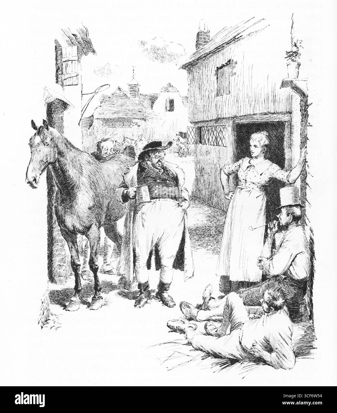 Vero, ogni parola di esso cattura un momento di narrazione e cameratismo in una scena rustica di strada. Un uomo gesta con una tazza accanto a un cavallo legato, mentre altri due si rilassano a terra. Una donna si trova in una porta, mani sui fianchi, fidanzata. L'ambientazione evoca la vita di un villaggio del XVIII-XIX secolo, ricco di carattere, postura e ritmo sociale. Illustrazioni pubblicate per la prima volta nel 1888 da Richard Clay e Sons nel libro Coaching Days and Coaching Ways di W. Outram Tristram. Gli illustratori erano Herbert Railton e Hugh Thomson. Foto Stock