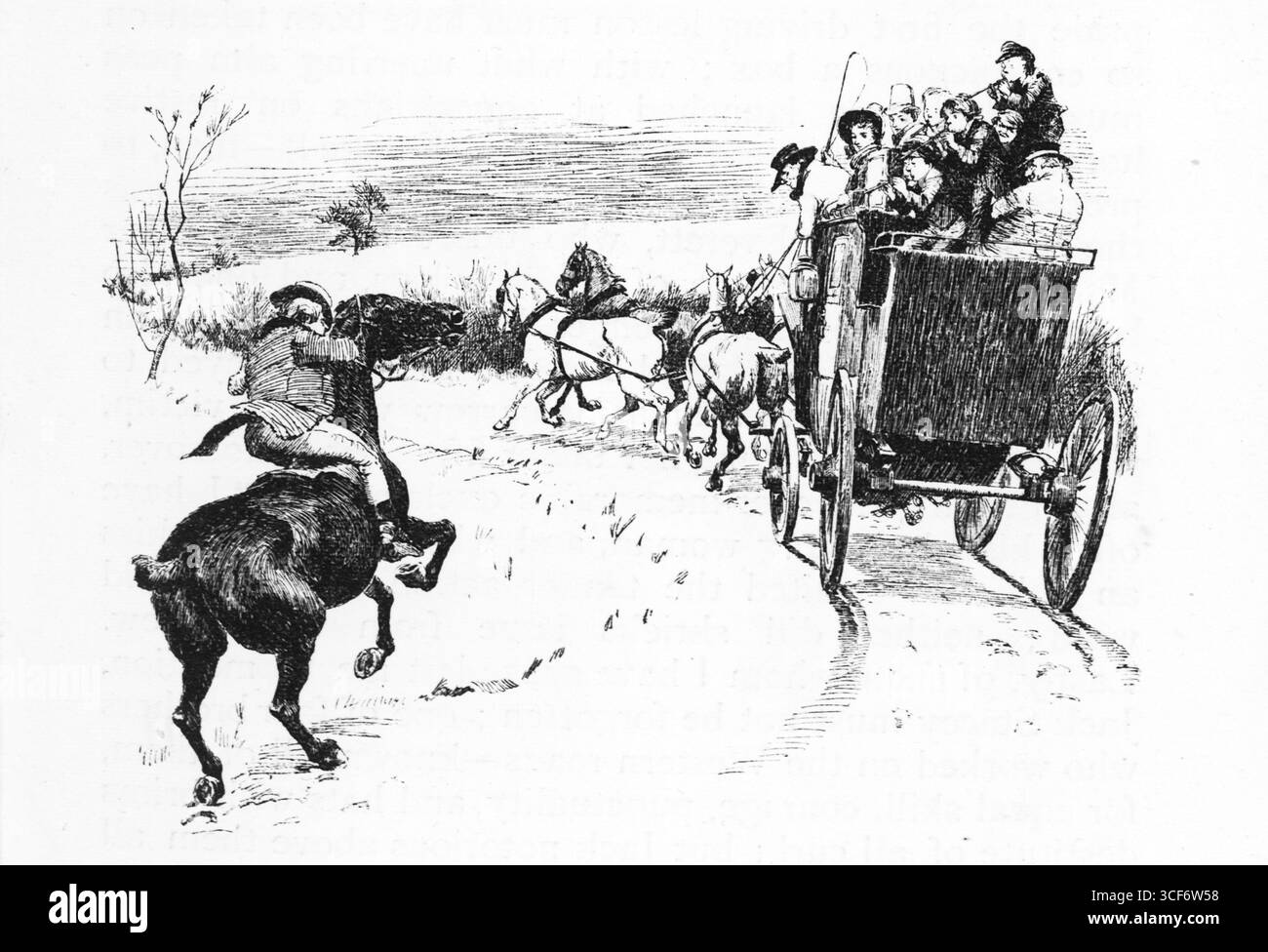 Il divertimento di un giorno d'inverno cattura un momento caotico lungo la strada. Un uomo si aggrappa a una guida che si carica verso una carrozza trainata da cavalli. I passeggeri reagiscono in allarme; il conducente fatica a controllare la squadra. Alberi sparsi e campi aperti incorniciano il dramma. La scena fonde tensione rurale, movimento equestre e disagio comico in un paesaggio ventoso. Illustrazioni pubblicate per la prima volta nel 1888 da Richard Clay e Sons nel libro Coaching Days and Coaching Ways di W. Outram Tristram. Gli illustratori erano Herbert Railton e Hugh Thomson. Foto Stock