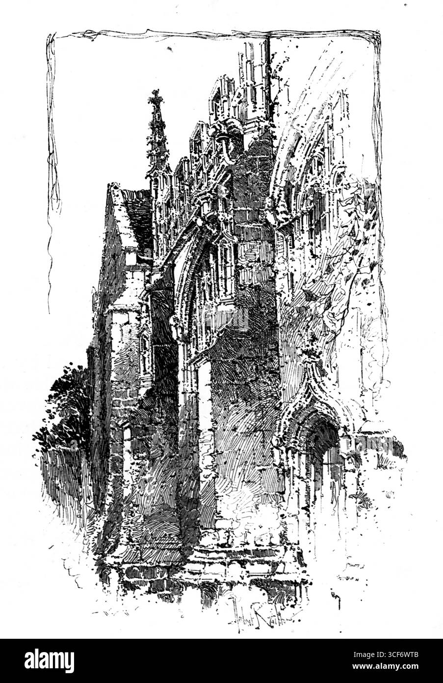 A Devizes sorge una cappella gotica inalterata, con solenne grazia, i suoi archi a punta e le strette finestre incise in pietra antica. Ornati di tracciati incorniciano l'ingresso sotto un altissimo pinnacolo. Il confine grezzo dell'illustrazione ne esalta l'aura storica, catturando l'artigianalità e il dramma verticale dell'architettura ecclesiastica in tranquilla riverenza. Illustrazione pubblicata per la prima volta nel 1888 da Richard Clay e Sons nel libro Coaching Days and Coaching Ways di W. Outram Tristram. Gli illustratori erano Herbert Railton e Hugh Thomson. Foto Stock