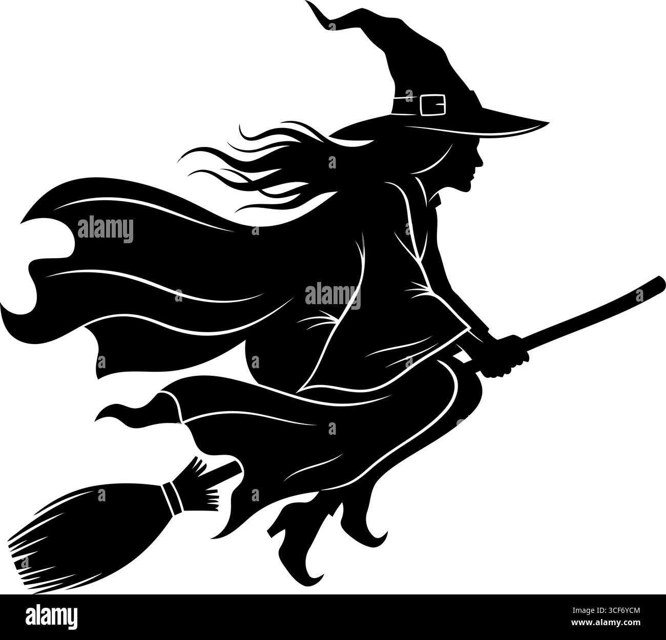 Misteriosa silhouette di strega che svetta sulla scopa, perfetta per inviti di Halloween, disegni spaventosi e progetti creativi magici Illustrazione Vettoriale