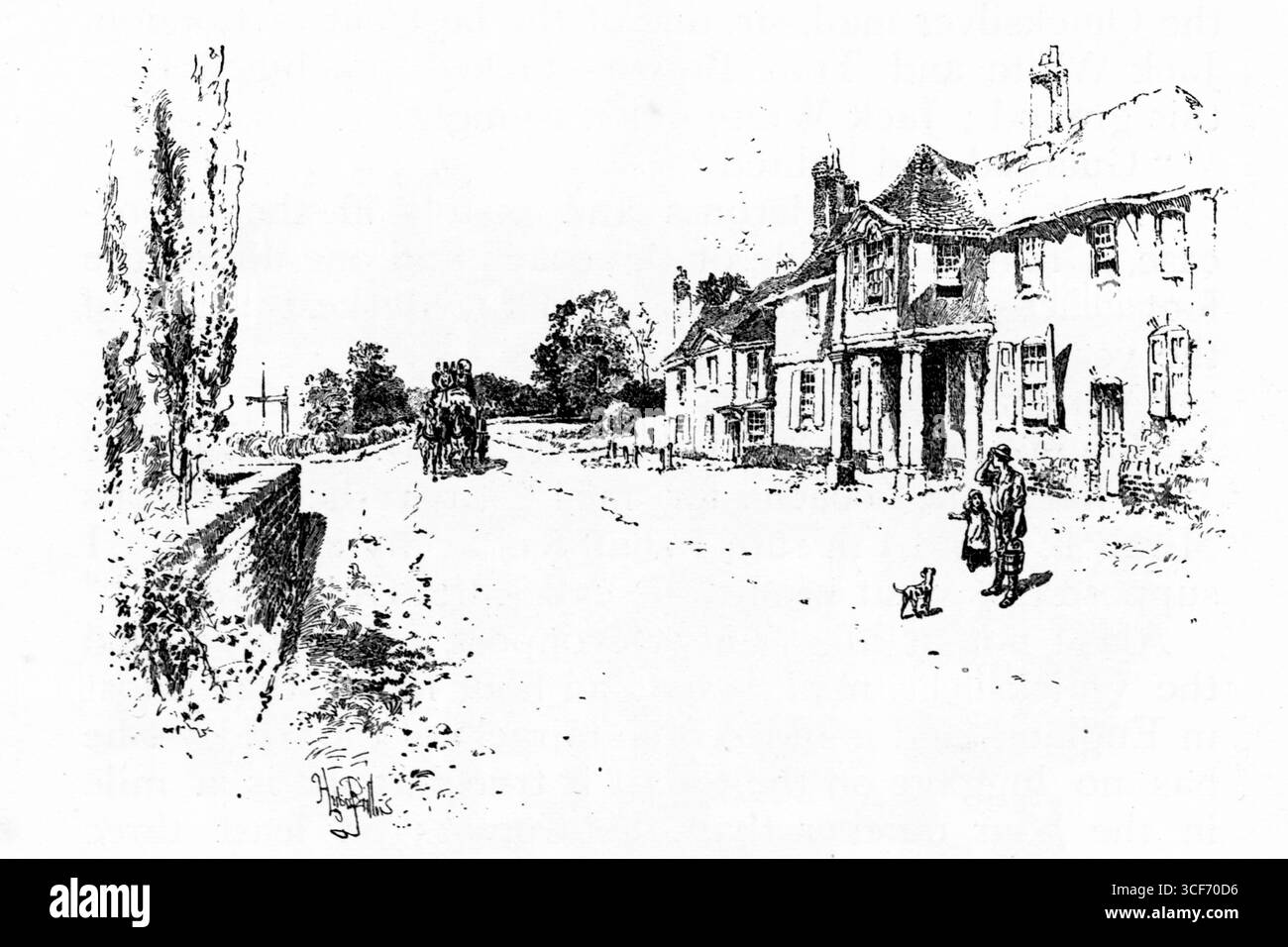 Una tranquilla scena di strada del villaggio in bianco e nero, con il White Hart inn a Hook. I tetti a spiovente, i camini e le facciate in pietra fiancheggiano la destra. Una figura solitaria cammina un cane davanti a una carrozza trainata da cavalli. Alberi e un muro basso confinano a sinistra. La composizione evoca la vita rurale del XIX secolo, con fascino architettonico e movimento tranquillo. Illustrazione pubblicata per la prima volta nel 1888 da Richard Clay e Sons nel libro Coaching Days and Coaching Ways di W. Outram Tristram. Gli illustratori erano Herbert Railton e Hugh Thomson. Foto Stock