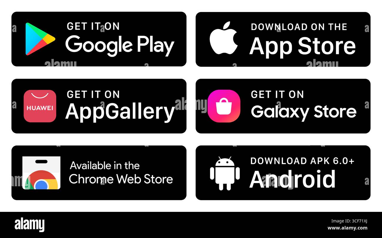 Scaricalo dall'App Store di Apple, scaricalo su Google Play, disponibile su App Store, Galaxy Store, Android apk, Chrome Webstore, App Gallery Illustrazione Vettoriale