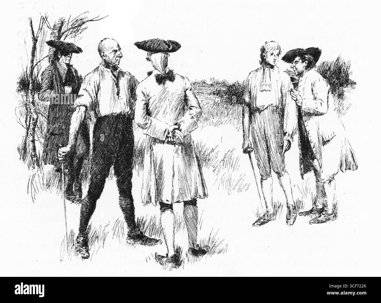 A Putney Heath, sei uomini in abito del XVIII secolo si riuniscono sotto alberi sparsi e cielo aperto. Due si trovano faccia a faccia in un confronto teso (tricorni inclinati, mani in posa), mentre altri quattro osservano, la loro posizione è un mix di preoccupazione e decoro. La scena cattura il rituale dell'onore e del pericolo, reso in monocromia con simmetria teatrale e precisione storica. Illustrazione pubblicata per la prima volta nel 1888 da Richard Clay e Sons nel libro Coaching Days and Coaching Ways di W. Outram Tristram. Gli illustratori erano Herbert Railton e Hugh Thomson. Foto Stock