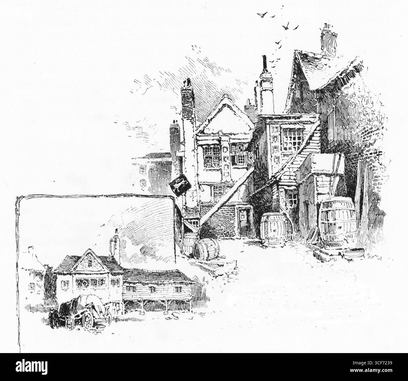 Dietro il Leone Rosso, Guildford, i tetti ripidi e i camini raggruppati si innalzano sopra botti e mattoni, mentre gli uccelli volano sopra la testa. Il cortile respira ritmo rustico e densità architettonica. Inserto: Il mercato dei panettieri, con il suo cartello sospeso e l'ingresso coperto, fissa il passato mercantile della città. Insieme, evocano un'intimità civica a più livelli: Commercio, riparo e struttura visiva. Illustrazione pubblicata per la prima volta nel 1888 da Richard Clay e Sons nel libro Coaching Days and Coaching Ways di W. Outram Tristram. Gli illustratori erano Herbert Railton e Hugh Thomson. Foto Stock