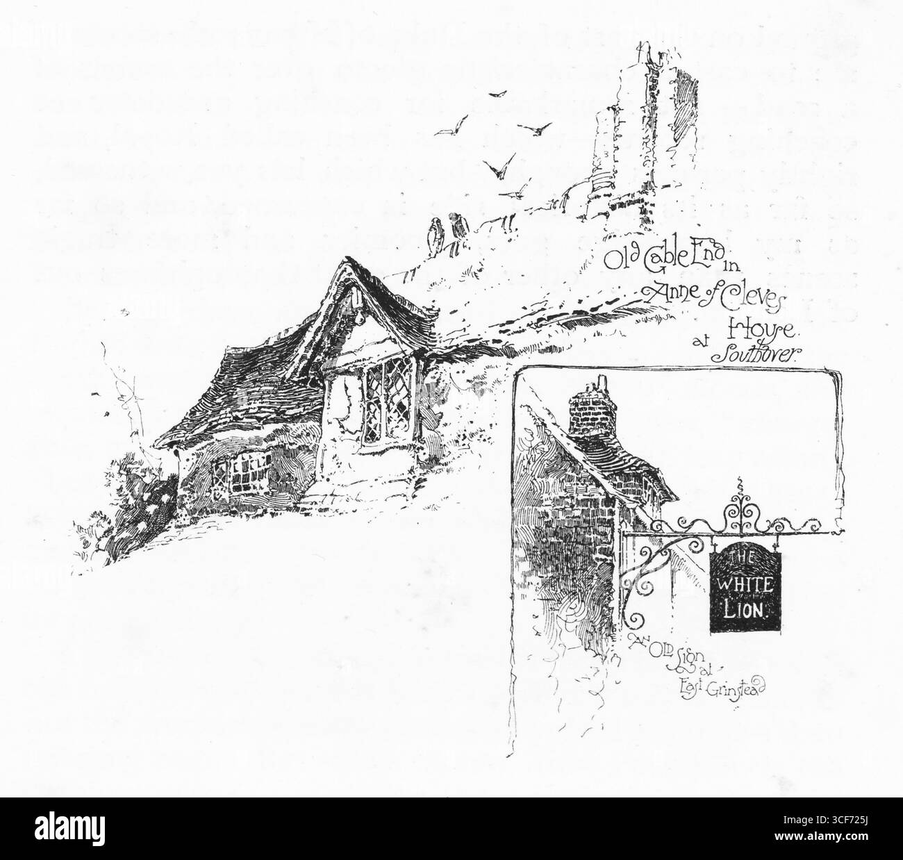 Una locanda con tetto ripido e incorniciata in legno si trova sotto le rovine del castello su una collina boscosa, evocando echi medievali. Gli uccelli girano sopra la pietra sbriciolante. Inset: Un cartello da pub appeso si alza su una strada tranquilla, incorniciata da gables e vasi di camino. La composizione fonde fascino architettonico con profondità storica, tipica delle incisioni di Railton e Thomson del 1888 per i Coaching Days e i Coaching Ways. Illustrazione pubblicata per la prima volta nel 1888 da Richard Clay e Sons nel libro Coaching Days and Coaching Ways di W. Outram Tristram. Gli illustratori erano Herbert Railton e Hugh Thomson. Foto Stock