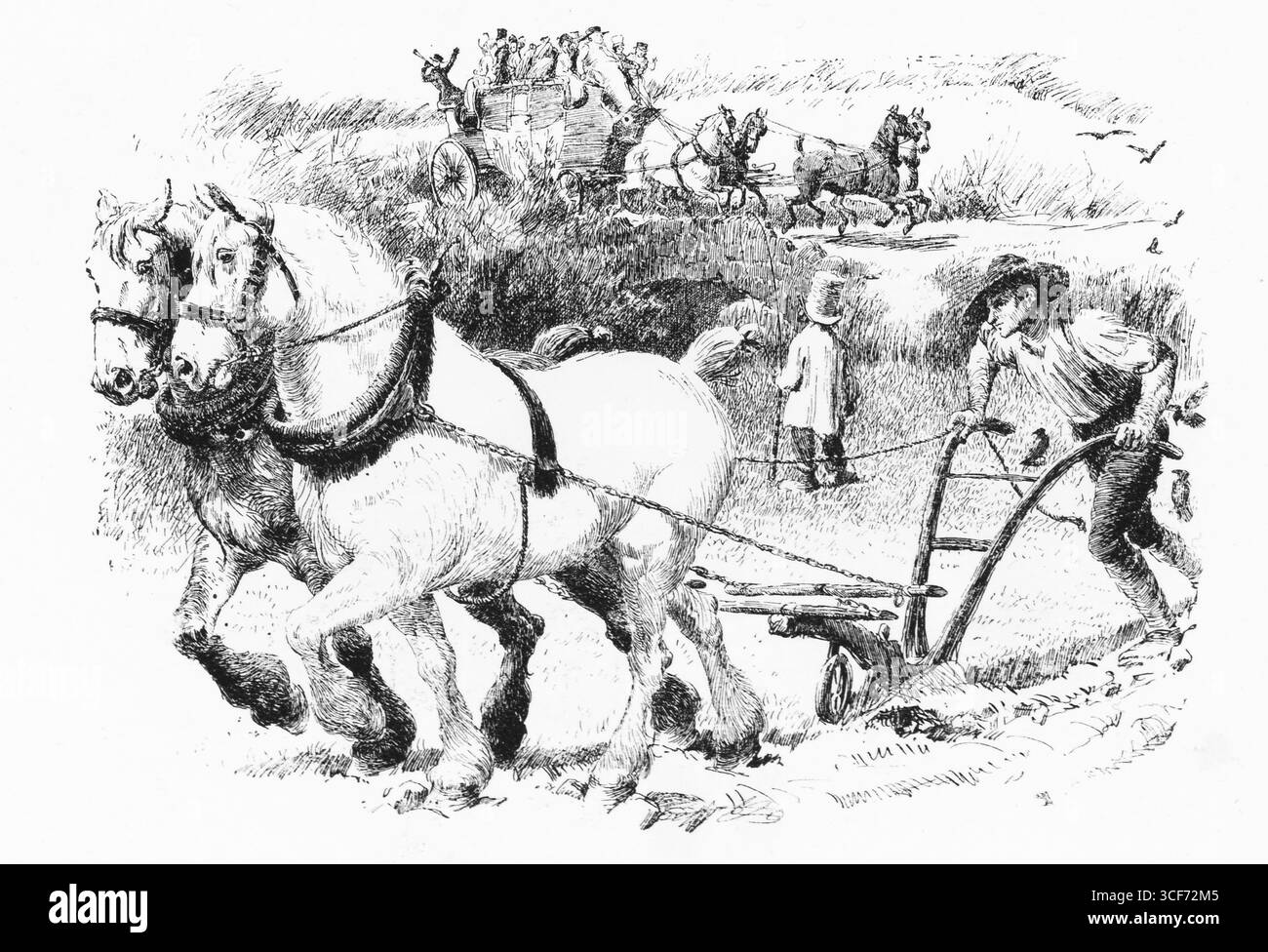 Due potenti cavalli tirano un aratro attraverso il suolo aperto, guidato da un agricoltore con abiti da lavoro, la sua postura è stabile e concentrata. Dietro, una carrozza si avvicina con cavalli freschi e figure in movimento, suggerendo sollievo o rotazione. La composizione celebra il lavoro rurale e il rinnovamento, reso in linee testurizzate tipiche delle incisioni di Railton e Thomson del 1888. Illustrazione pubblicata per la prima volta nel 1888 da Richard Clay e Sons nel libro Coaching Days and Coaching Ways di W. Outram Tristram. Gli illustratori erano Herbert Railton e Hugh Thomson. Foto Stock