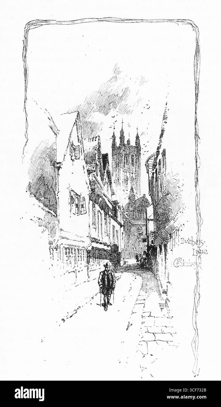 Butchery Lane: Una stretta stradina acciottolata si estende in lontananza verso una cattedrale torreggiante. Vecchie case con tetti ripidi fiancheggiano il passaggio, le loro ombre che approfondiscono la strada confinata. Una figura solitaria si allontana, migliorando il senso di scala e prospettiva in questa suggestiva vista della storica Canterbury. Illustrazione pubblicata per la prima volta nel 1888 da Richard Clay e Sons nel libro Coaching Days and Coaching Ways di W. Outram Tristram. Gli illustratori erano Herbert Railton e Hugh Thomson. Foto Stock