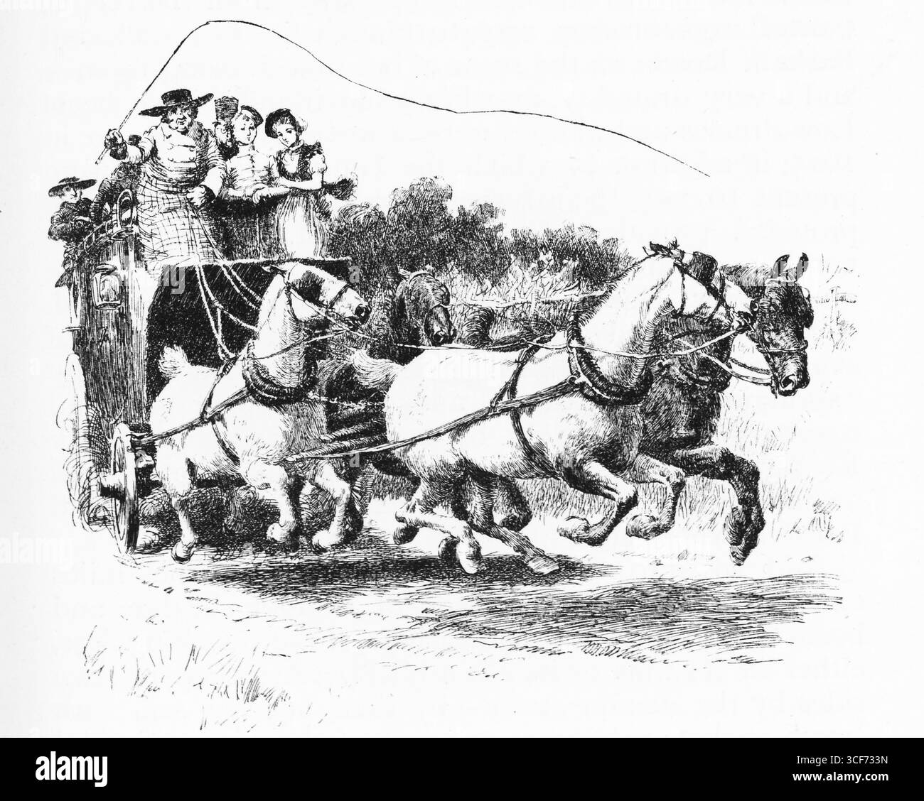 Quattro cavalli tuono attraverso una strada rurale, trasportati a un pullman pieno di passeggeri. Il conducente si inclina in avanti, fruste sollevate, guidando la squadra con urgenza. Donne e bambini siedono in cima, animati dalla corsa al movimento. Gli alberi sfocano lo sfondo, sottolineando la velocità. La scena cattura l'euforia e lo spettacolo del viaggio del XIX secolo. Illustrazione pubblicata per la prima volta nel 1888 da Richard Clay e Sons nel libro Coaching Days and Coaching Ways di W. Outram Tristram. Gli illustratori erano Herbert Railton e Hugh Thomson. Foto Stock