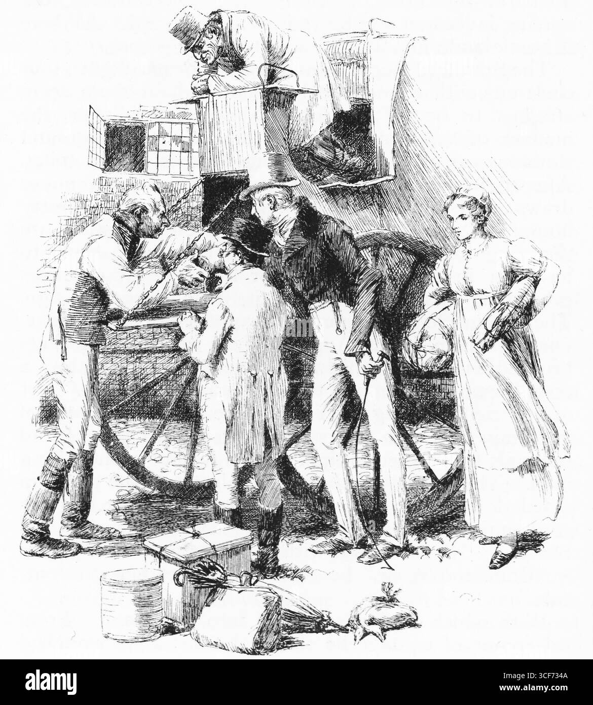 Questo disegno mostra un gruppo di persone riunite intorno a un pullman trainato da cavalli, impegnato nel carico dei bagagli. Un uomo sul tetto del pullman si appoggia per aiutare, mentre altri tre uomini e una donna a terra gestiscono scatole, cesti e altri pacchi. La scena cattura il caos organizzato di prepararsi per un viaggio. Illustrazione pubblicata per la prima volta nel 1888 da Richard Clay e Sons nel libro Coaching Days and Coaching Ways di W. Outram Tristram. Gli illustratori erano Herbert Railton e Hugh Thomson. Foto Stock